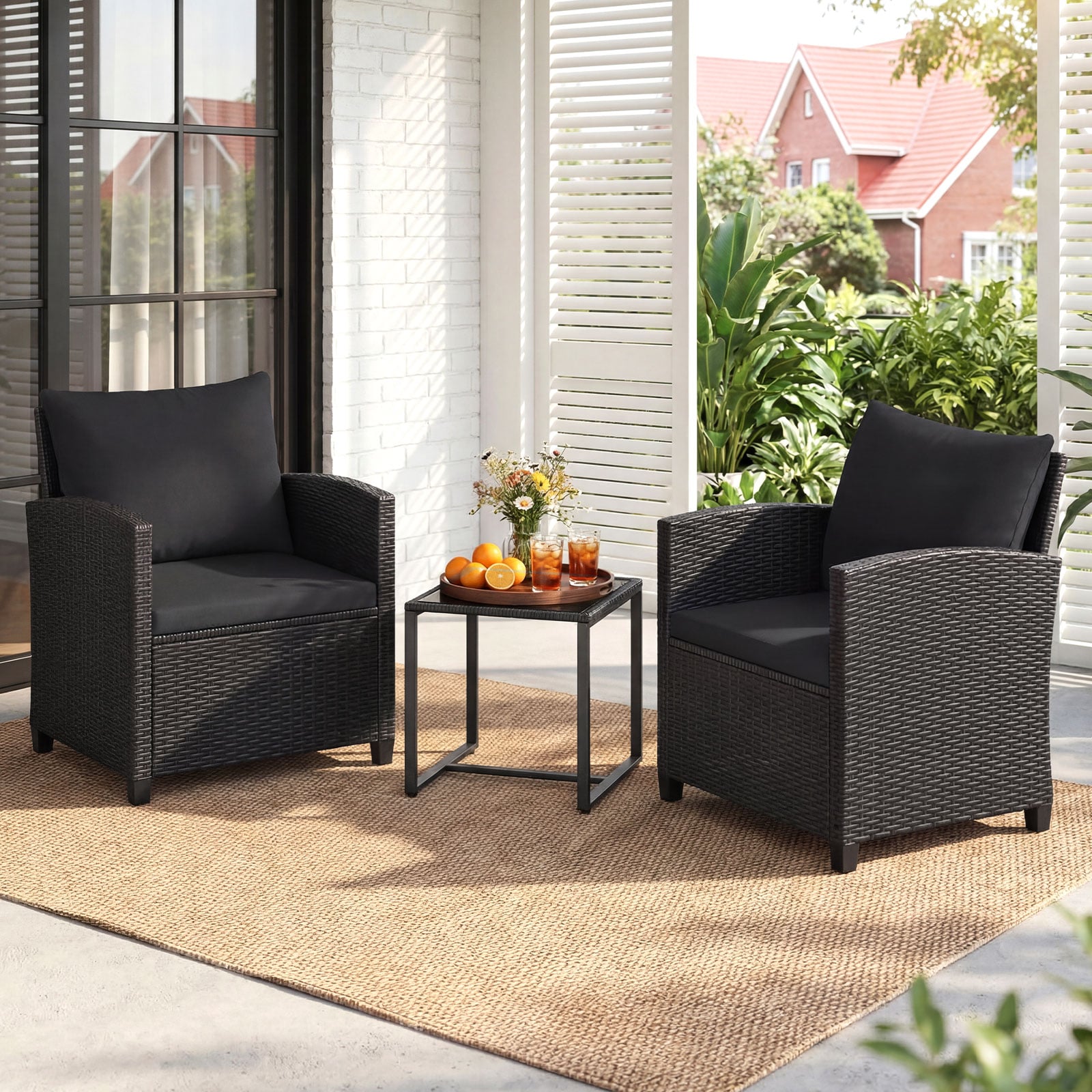 Rattan Gartenmöbel Set inkl. 2 Stühle mit Kissen & Tisch aus Glas Outdoor Sitzgruppe Schwarz-Schwarz