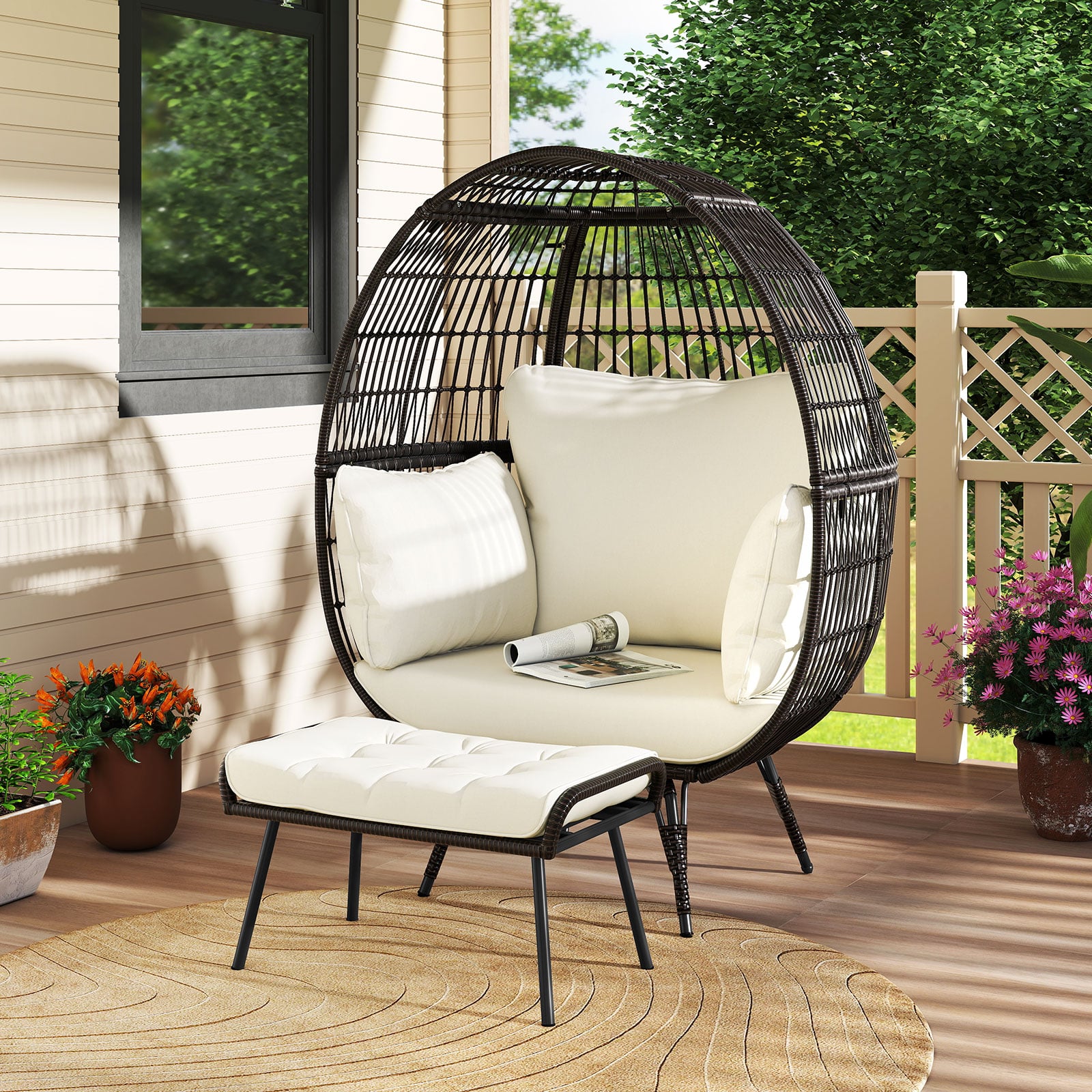 Rattan Korbsessel mit Hocker Übergroßer Gartensessel mit Kissen XXL Rattansessel