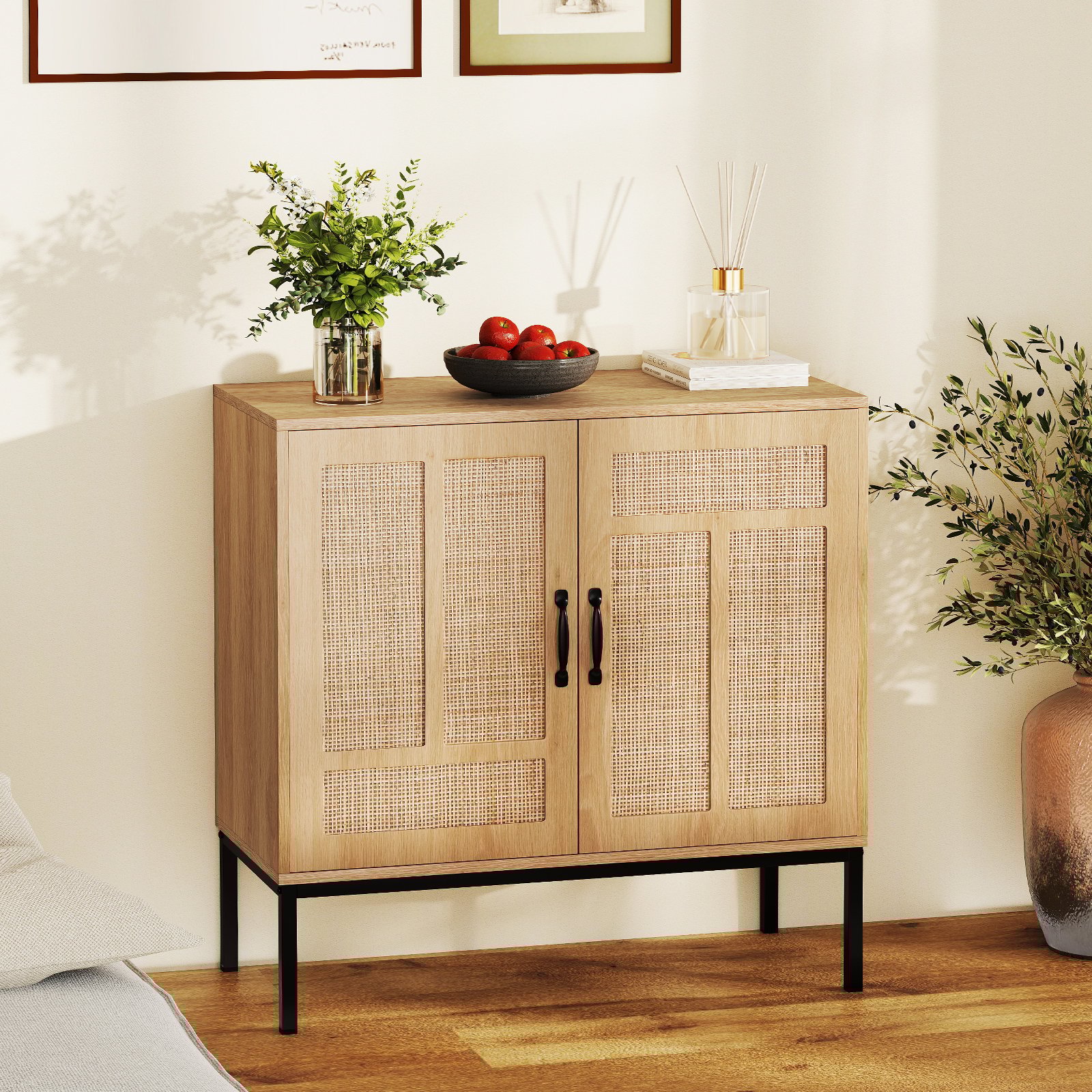 Rattan Sideboard mit 3-Fach Verstellbarem Regal & 2 Türen Boho Buffet Akzentschrank Natur