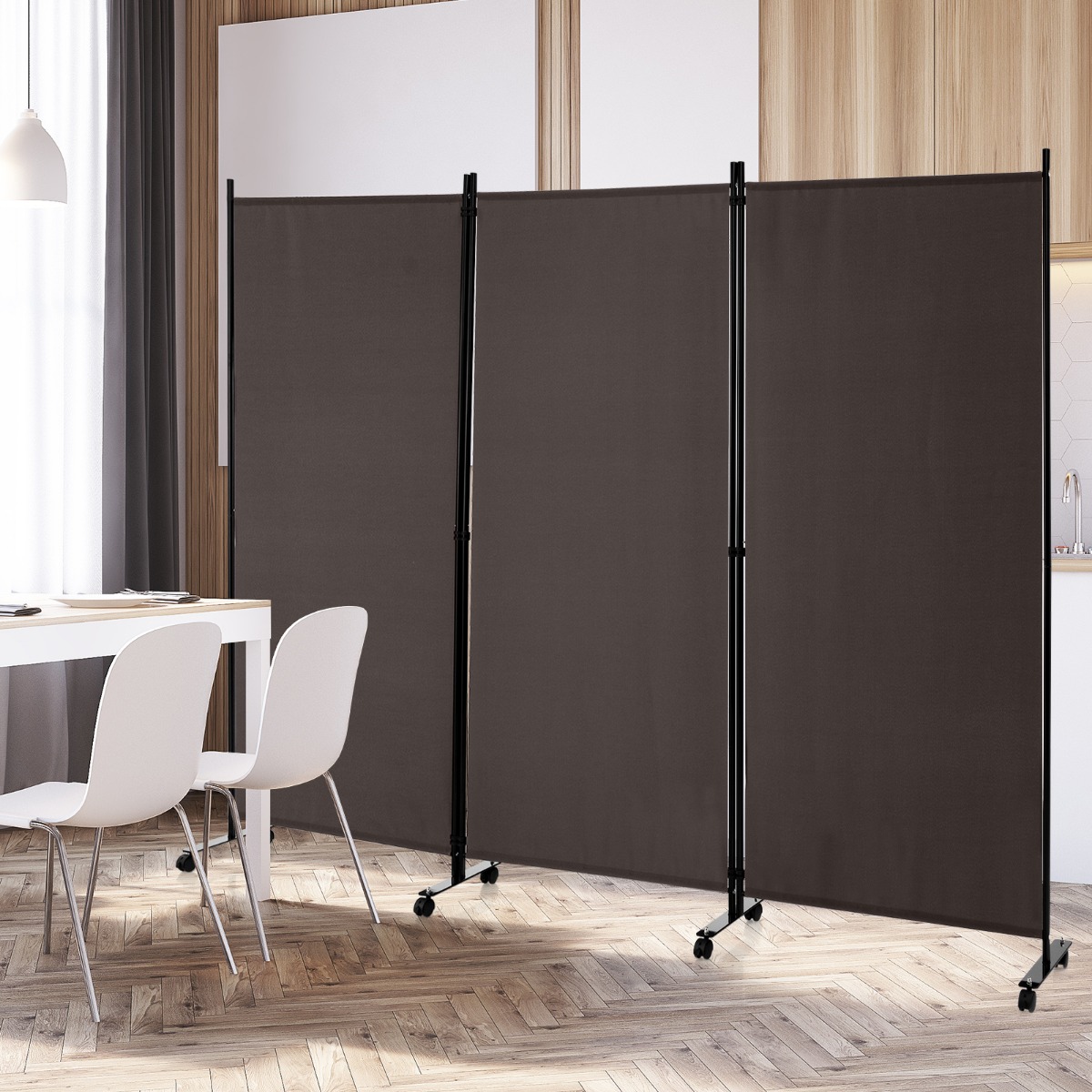 180 cm Hoher Raumteiler auf Rädern Klappbarer Paravent mit 3 frei Kombinierbaren Paneelen Braun