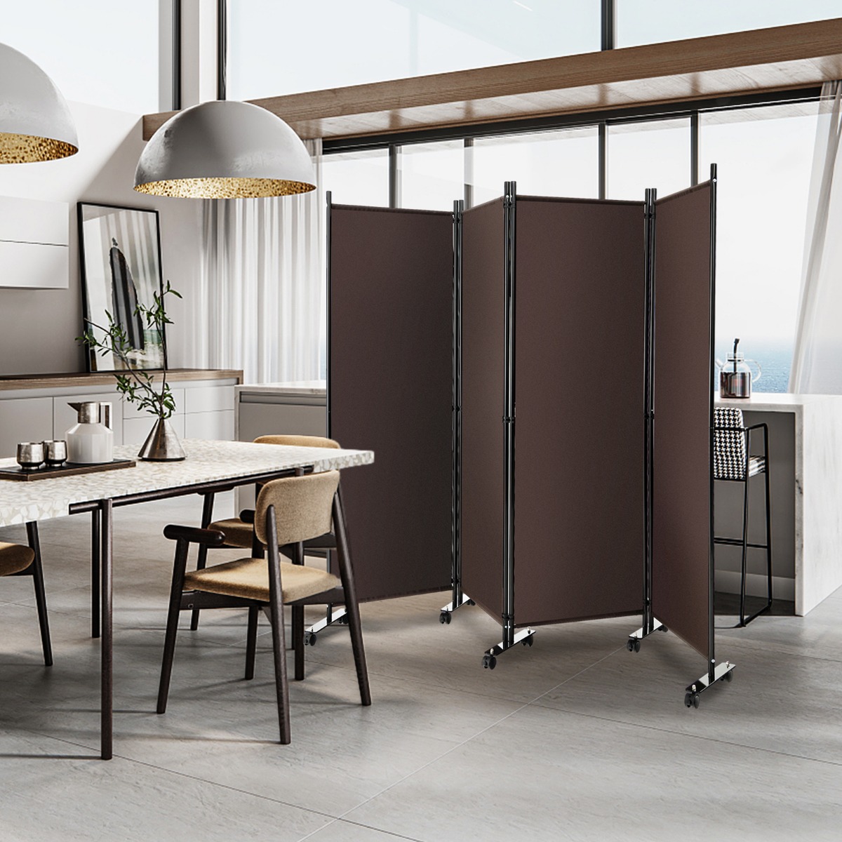 Raumteiler mit 4 Paneelen auf Rädern 173 cm Hoher Rollbarer Sichtschutz Braun