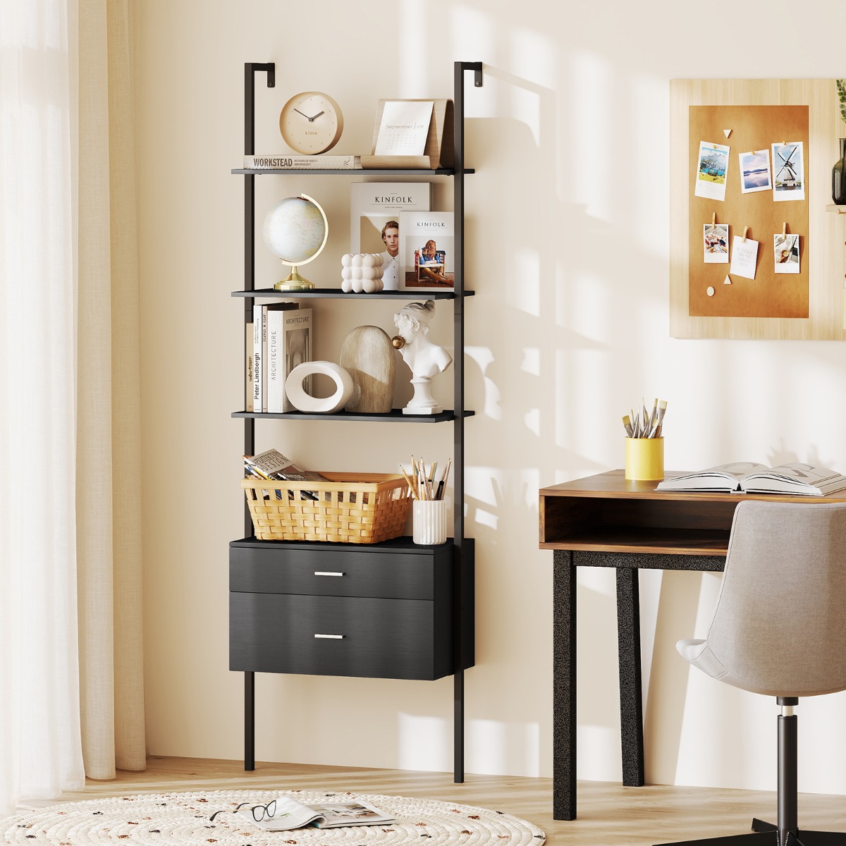 6-stöckiges Leiterregal mit 2 Schubladen Wandmontiertes Bücherregal mit Metallrahmen Schwarz