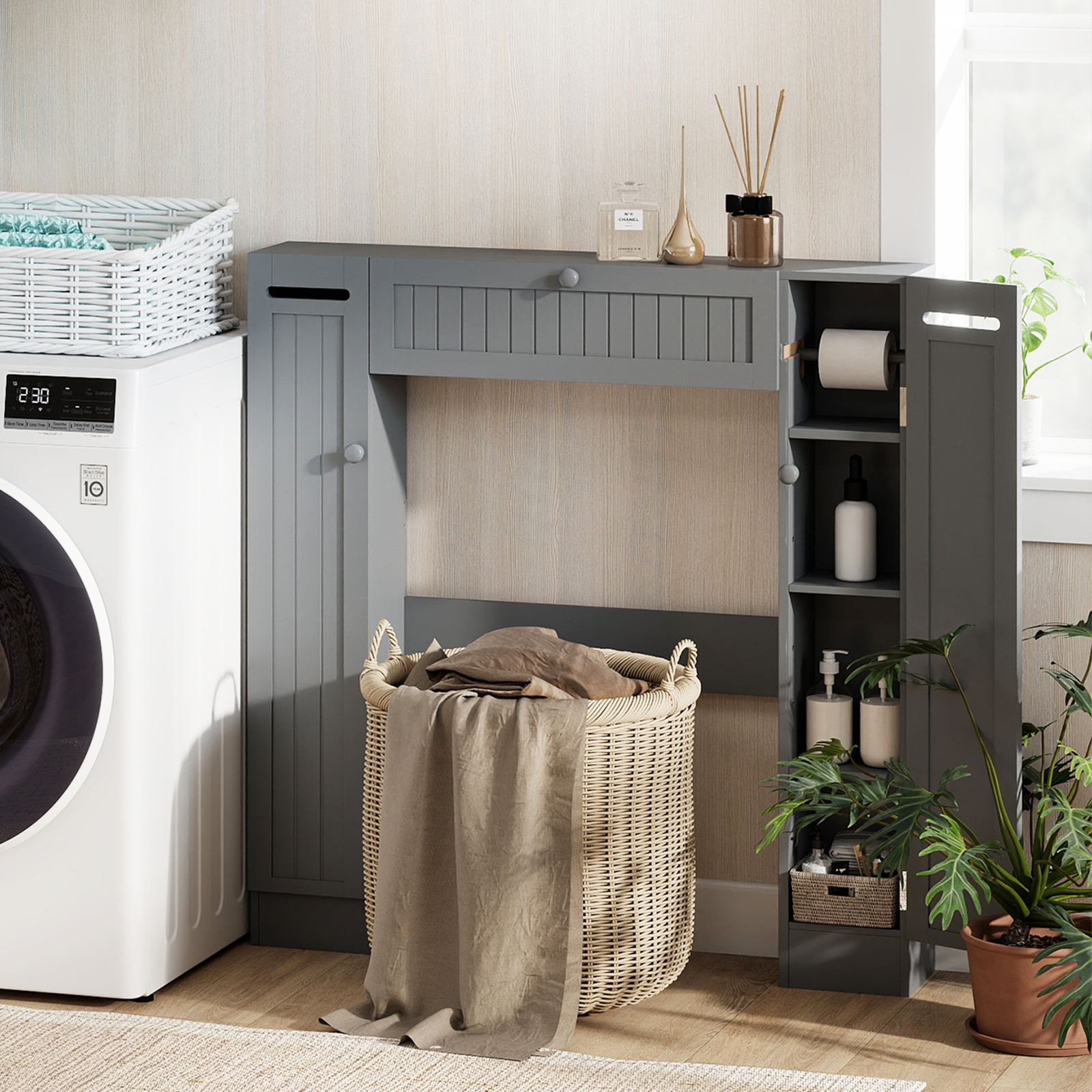 Regal über der Toilette freistehender Badezimmerschrank mit verstellbaren Regalen Toilettenpapierhalter Grau