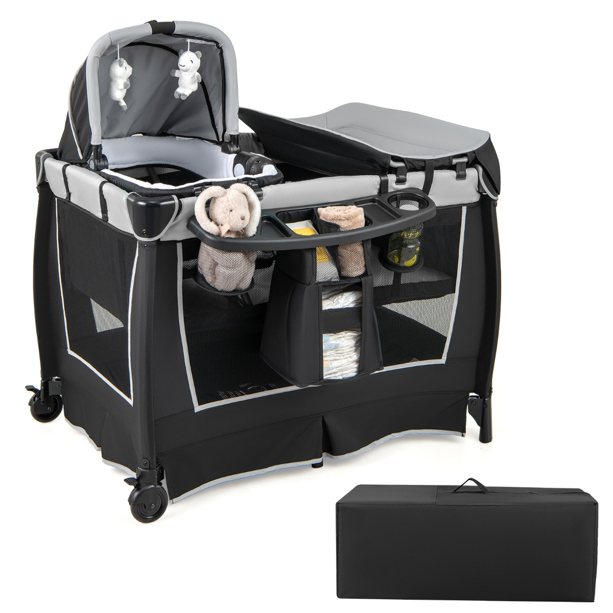 6-in-1 Baby Reisebett tragbarer Baby-Laufstall mit Schaukelwiege Wickeltisch Grau