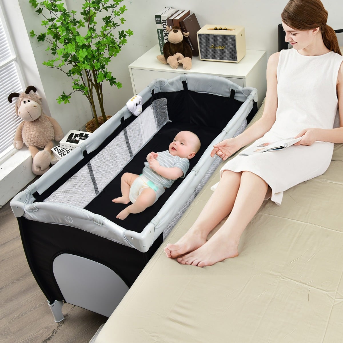 Reisebett Babybett Babyreisebett Kinderreisebett Laufstall Schaukelwiege +Tasche-schwarz