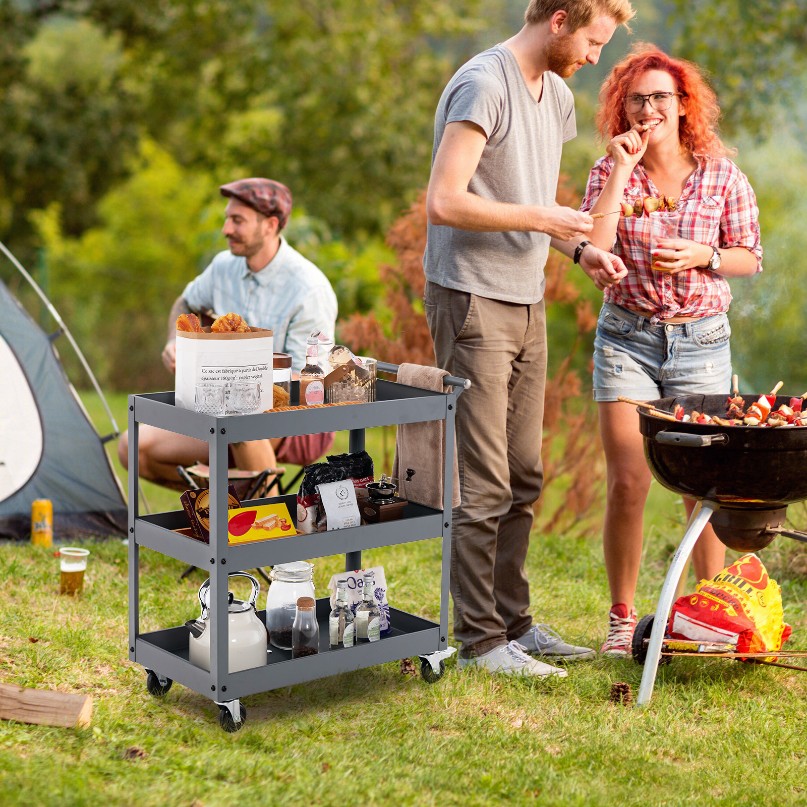 Robuster 3-stöckiger Trolley rollender Transportwagen aus Metall mit 3 Ablagen und ergonomischem Griff Grau