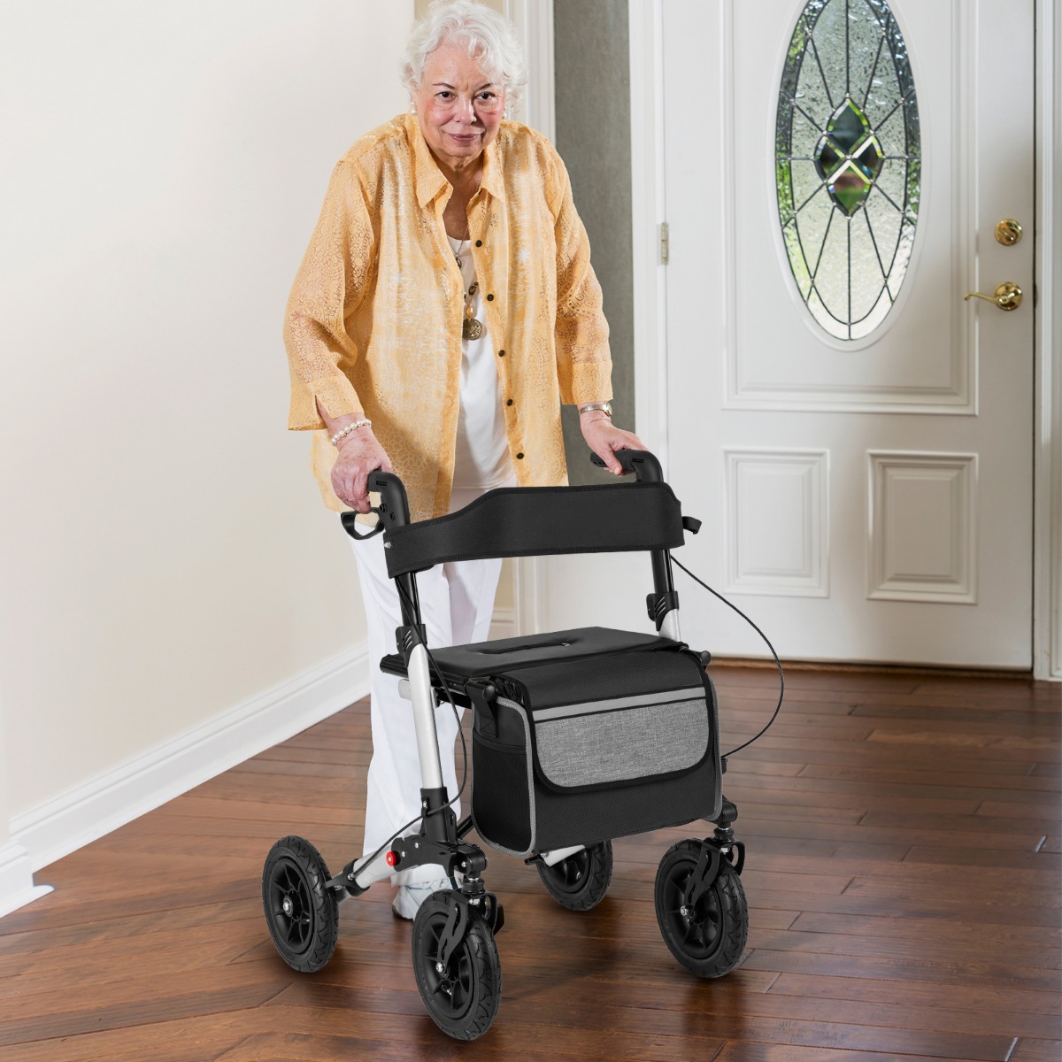 Rollator mit Luftbereifung faltbar und leicht mit Sitz Aluminium bis 140 kg 2 in 1 Rollstuhl Silber
