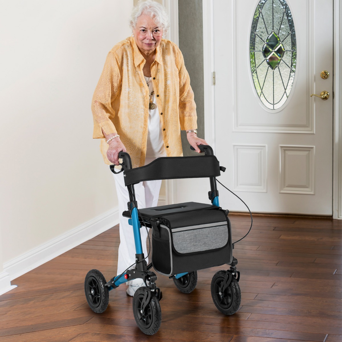 Rollator mit Luftbereifung faltbar und leicht mit Sitz Aluminium bis 140 kg 2 in 1 Rollstuhl Blau