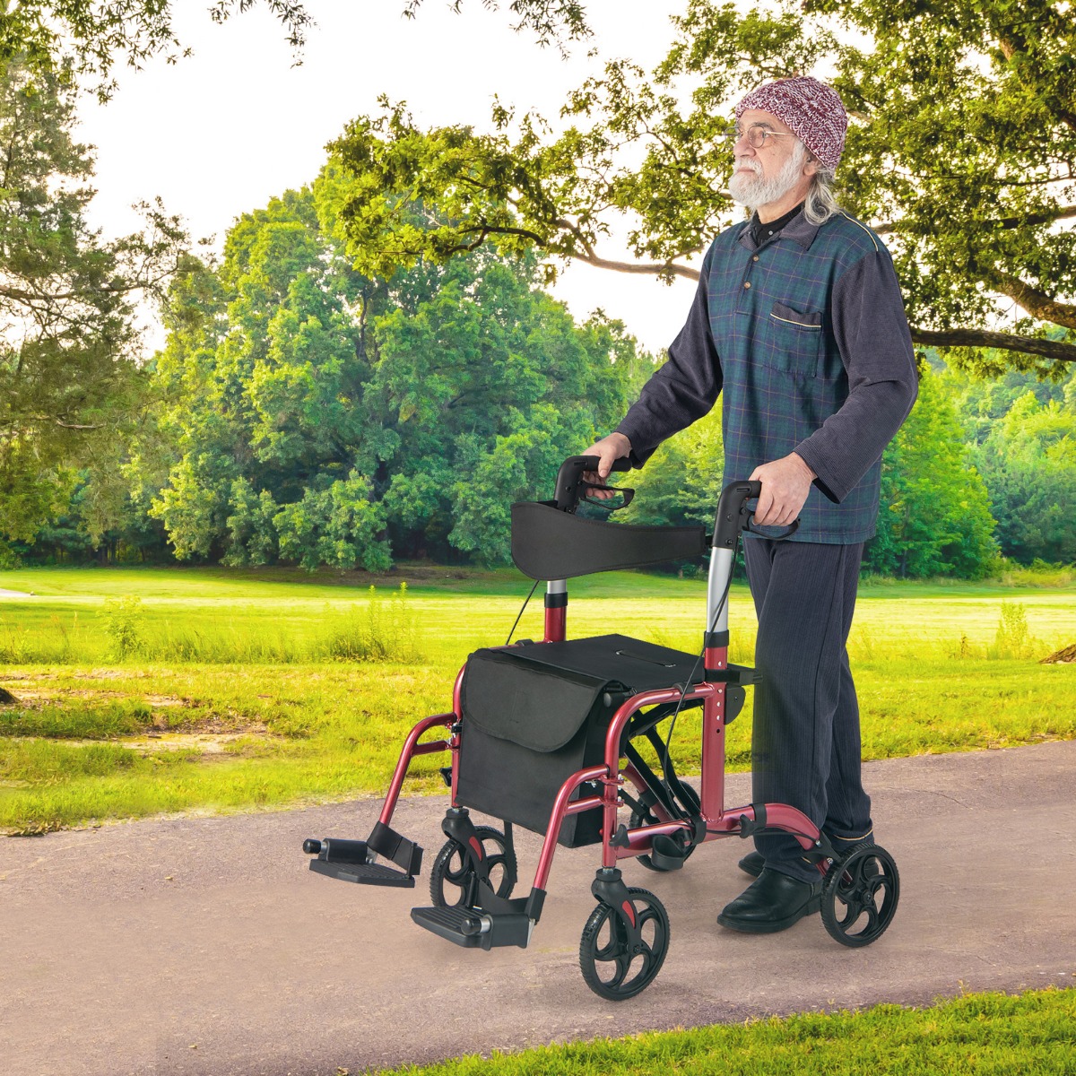Rollator faltbar und leicht mit Sitz 2 in 1 Rollstuhl & Reiserollator Leichtgewicht Rot