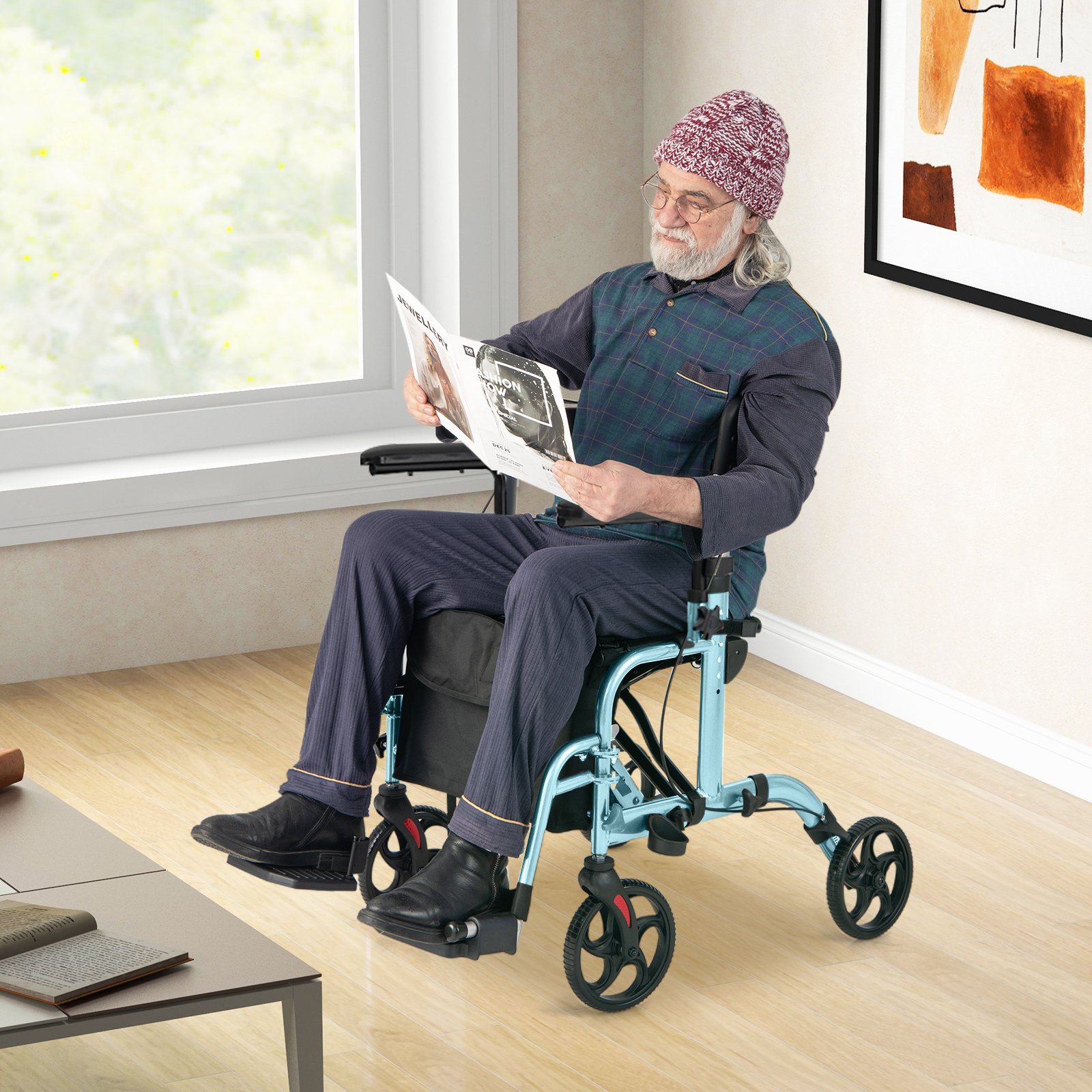 2 in 1 Rollstuhl & Reiserollator mit Tasche & Doppelten Bremsen & Stockhalter Gehwagen Rollator Blau