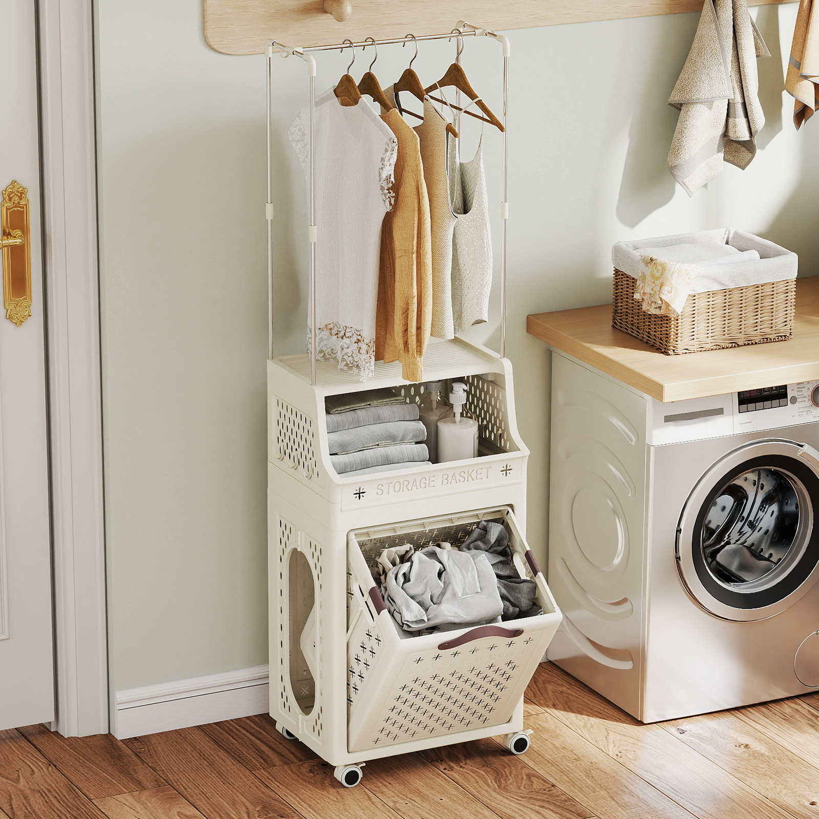 Rollbarer Wäschekorb mit Kleiderbügel mehrschichtiger faltbarer Kunststoff-Wäschebehälter Beige