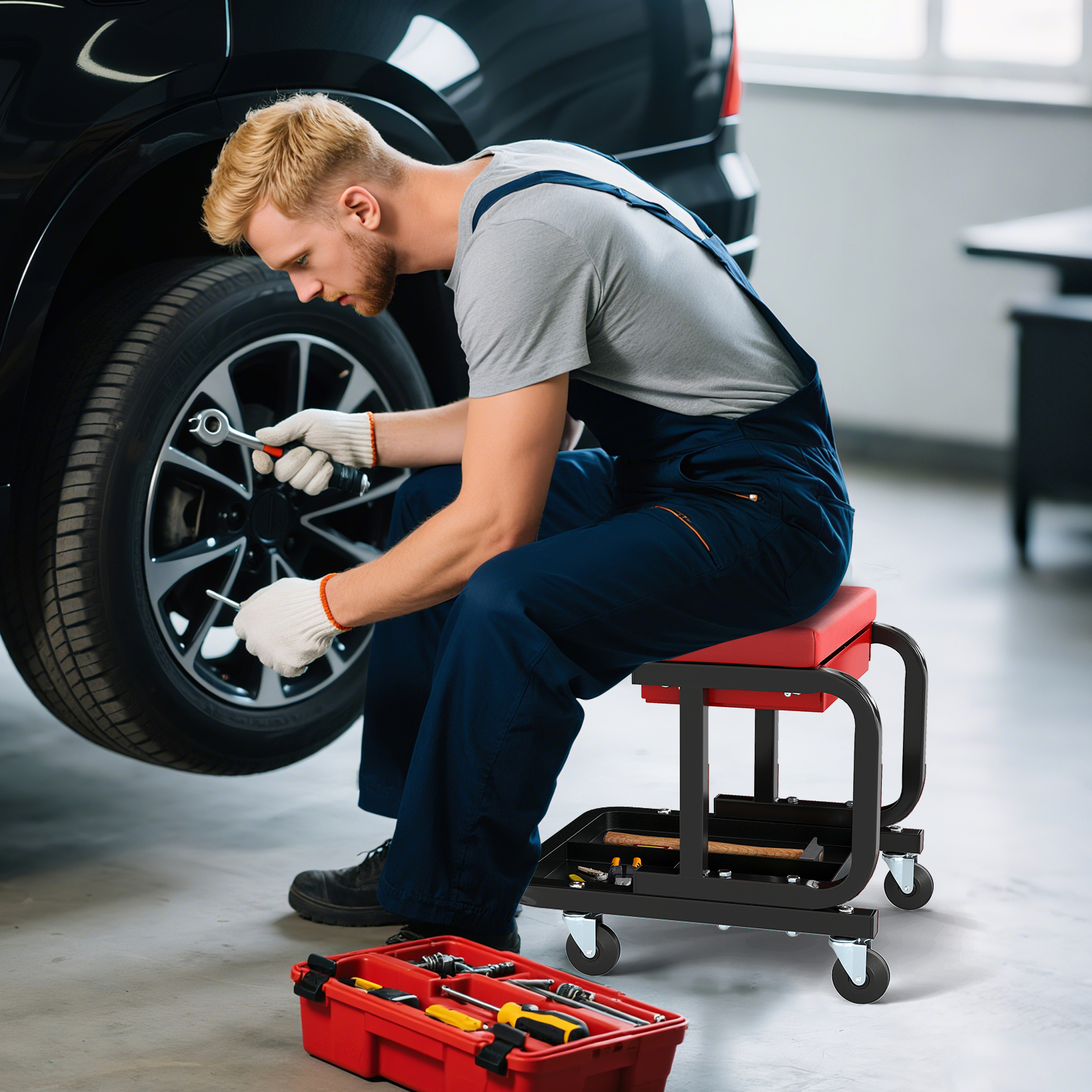 Rollender Werkstatthocker mit 185 kg Tragfähigkeit gepolsterter Mechanikersitz mit Schublade Rot