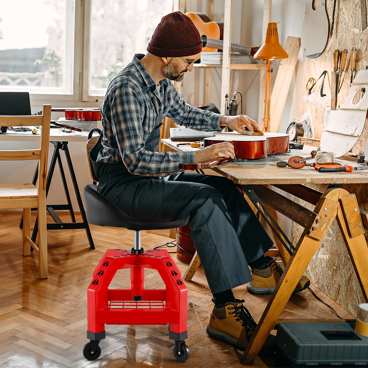 Höhenverstellbarer Werkstatthocker 150 kg Tragkraft mit Werkzeugablage Werkstattstuhl Rot