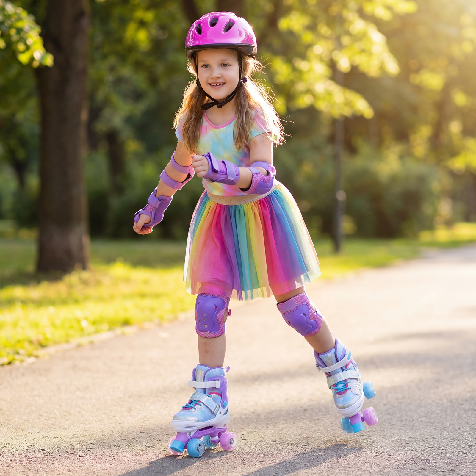 Rollschuhe Verstellbar in 4 Größen EU 34-37 Quad Skates mit 4 euchtenden Rädern Blau