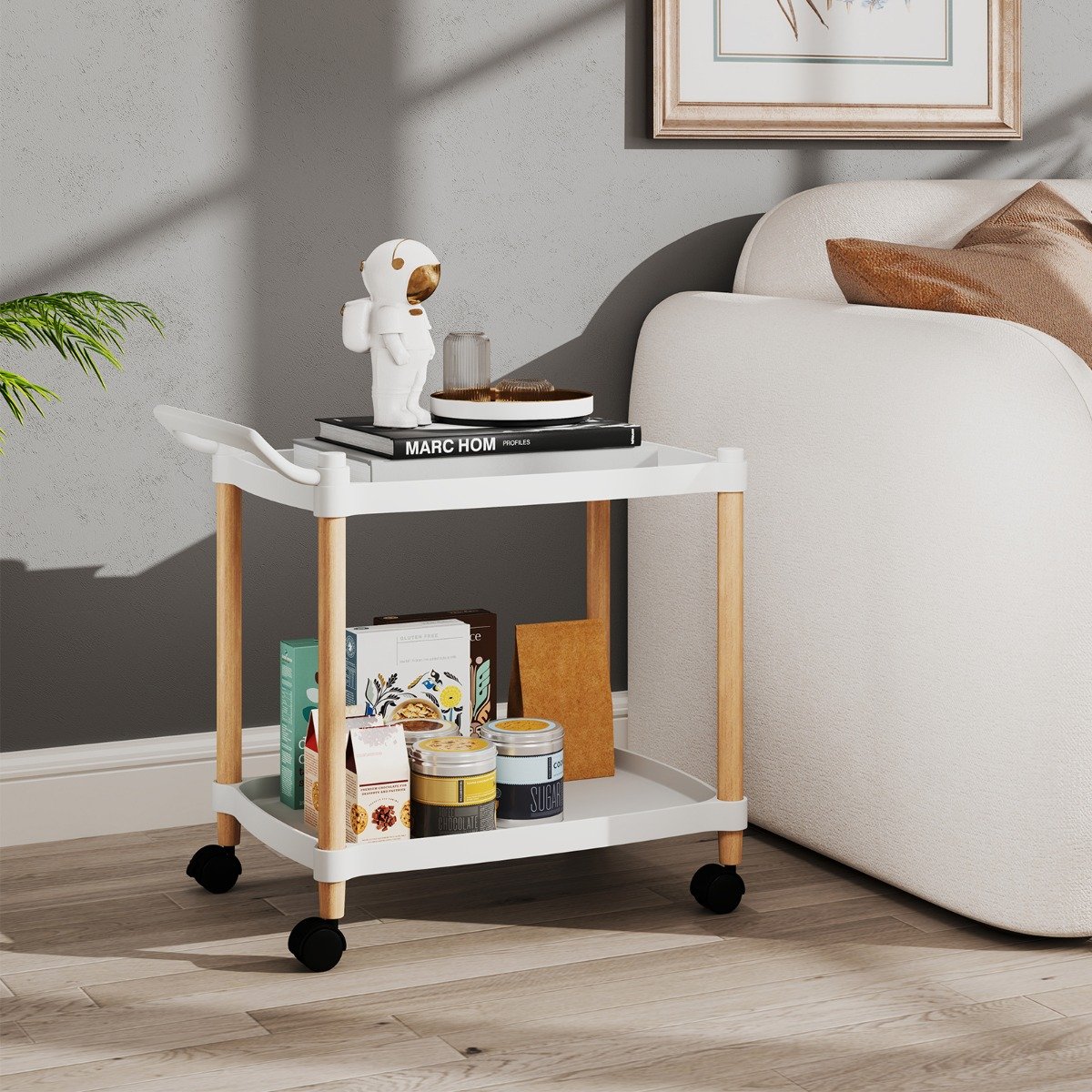 2-stöckiger Rollwagen mit Verriegelbaren Rädern & Buchenholzrahmen Trolley Organizer