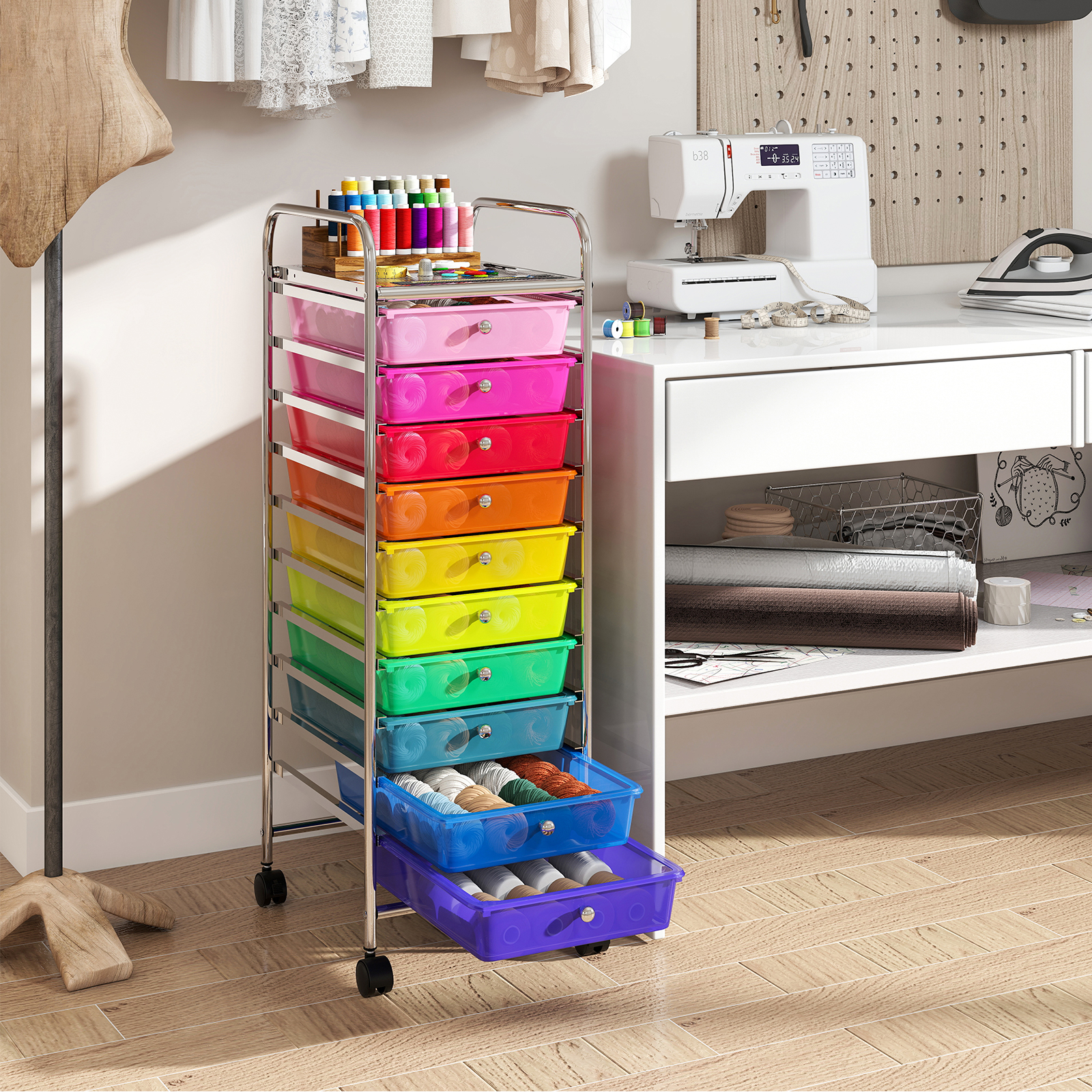 Rollwagen mit 10 Schubladen Trolley mit verchromtem Metallrahmen und abschließbaren Universalrollen Organizer Bunt