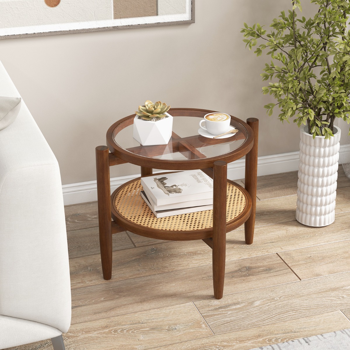 2-stufiger runder Beistelltisch PE Rattan Couchtisch mit gehärteter Glasplatte Braun