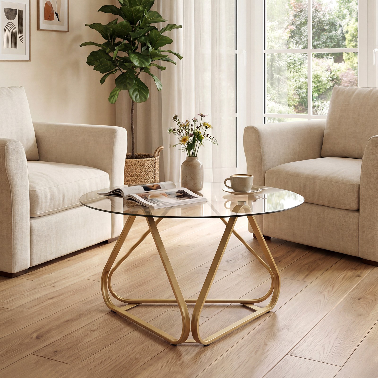 Runder Couchtisch mit Gehärtetem Glas & Metallrahmen Moderner Glastisch Beistelltisch Golden