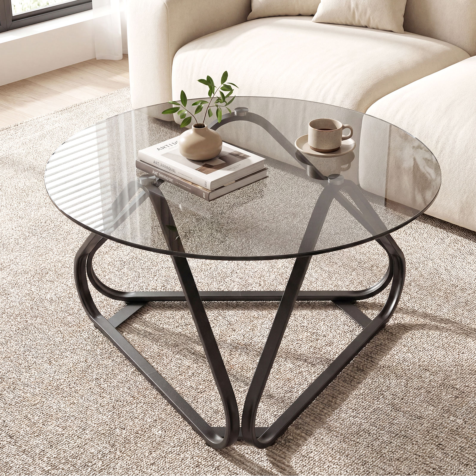 Runder Couchtisch mit Gehärtetem Glas & Metallrahmen Moderner Glastisch Beistelltisch Schwarz