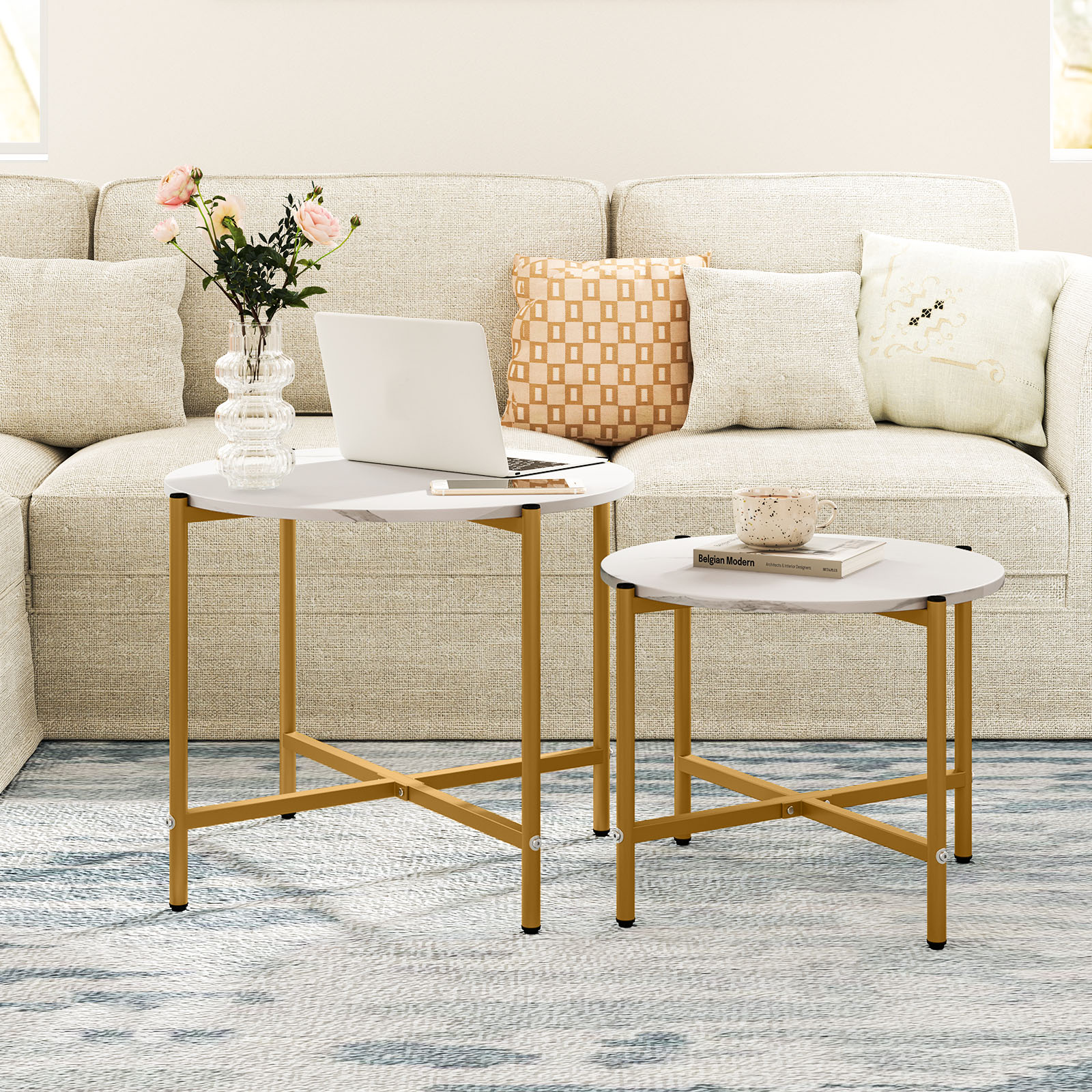 Runder Couchtisch Set mit Metallrahmen Stapelbare Couchtische Beistelltisch Set Weiß
