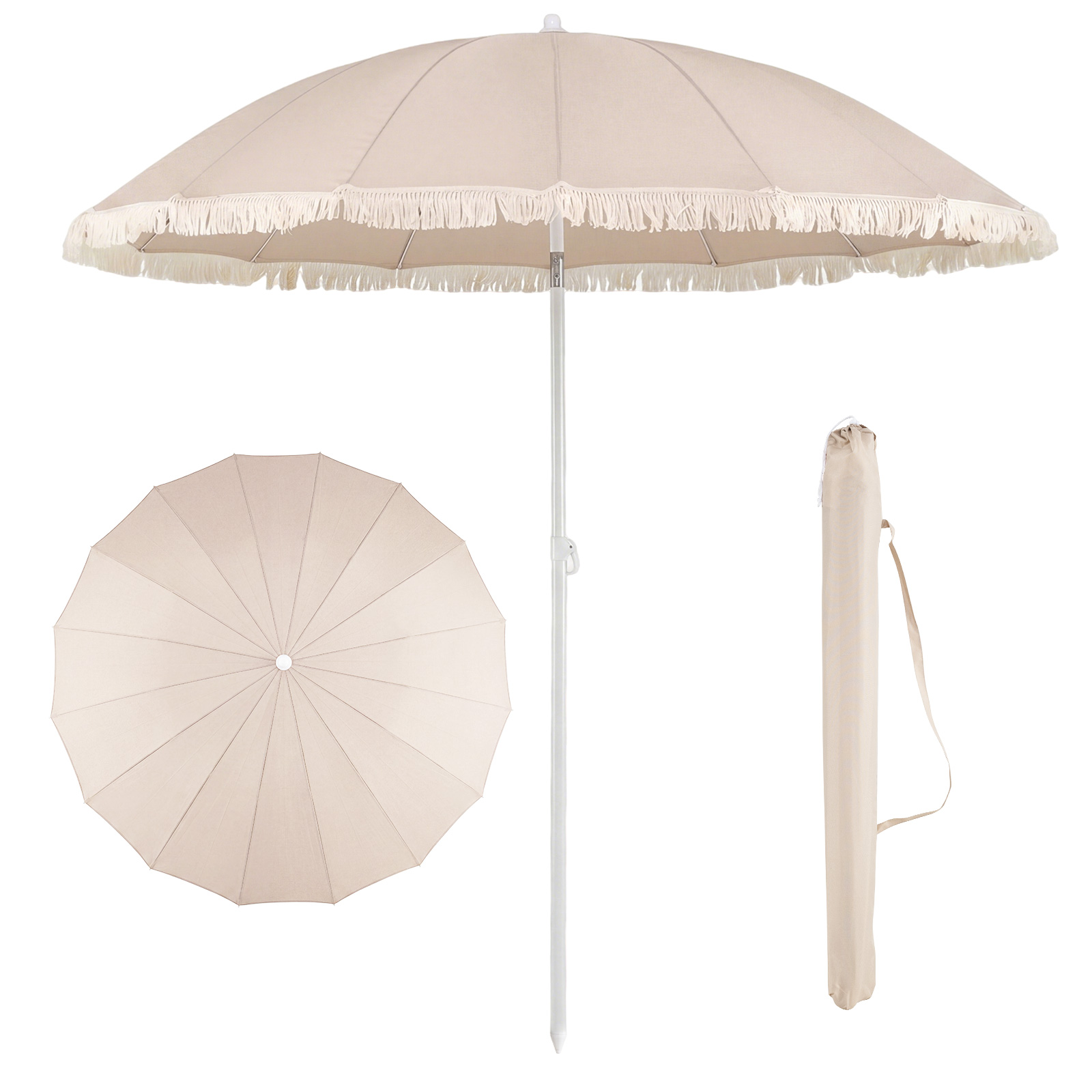 Runder Sonnenschirm mit Fransen Terrassenschirm mit Einstellbarem Winkel Stabiler Metallstange Beige