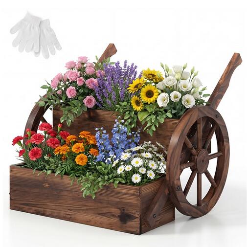 Rustikaler Holz-Wagen-Pflanzer 2-stufiges vielseitiges Hochbeet mit Rollen Griffen und Drainagelöchern Braun