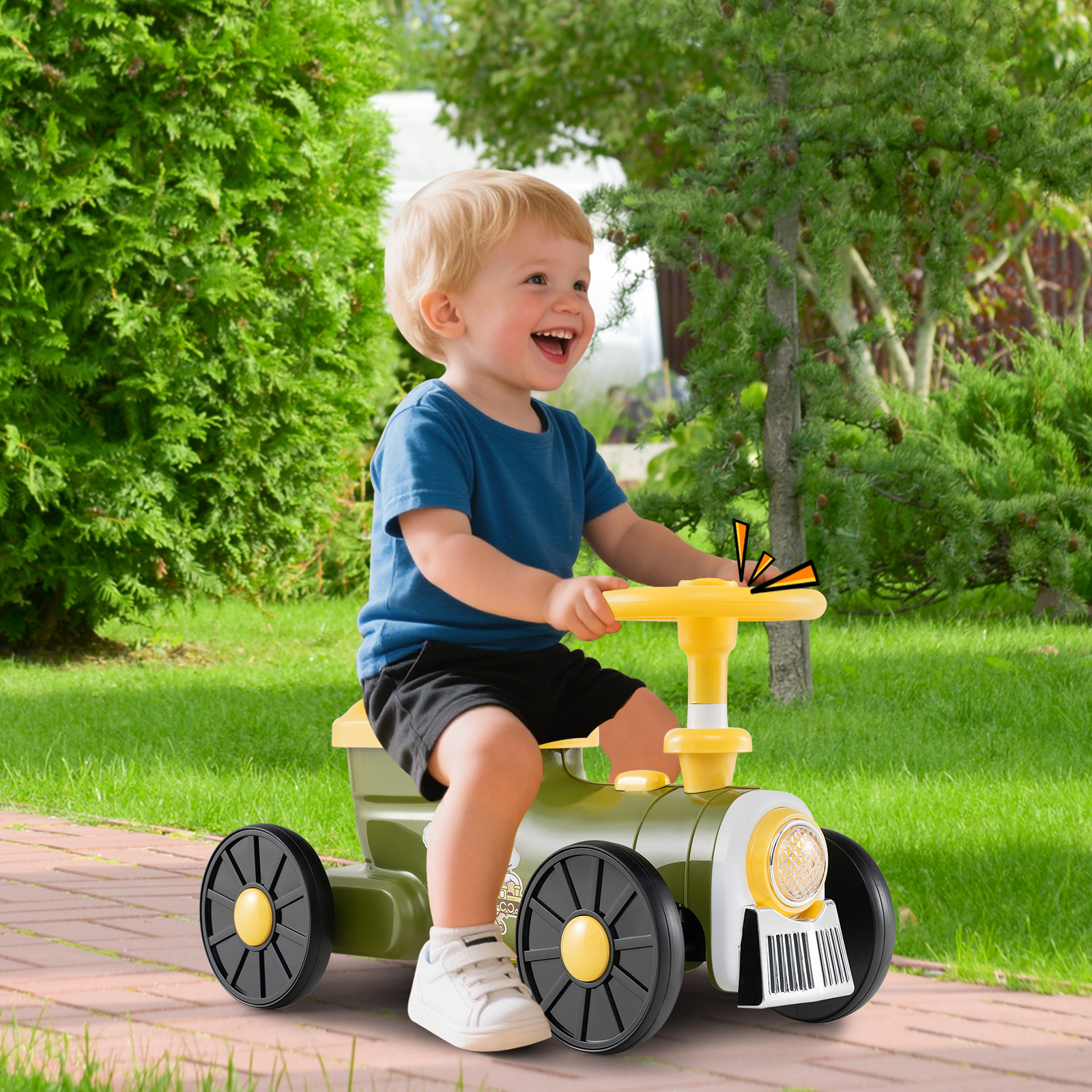 Rutschauto Rutschfahrzeug mit Lenkrad & Zugpfeifton-Taste & Stauraum unter Sitz Rutscher Kinderauto 61 x 30 x 38 cm Grün