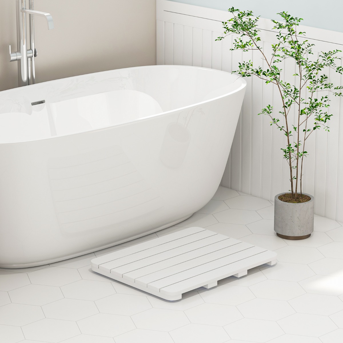 60 x 48 cm Toilettenmatte aus Hips Holz-Design Badematte bis 150kg Belastbar Badvorleger Weiß
