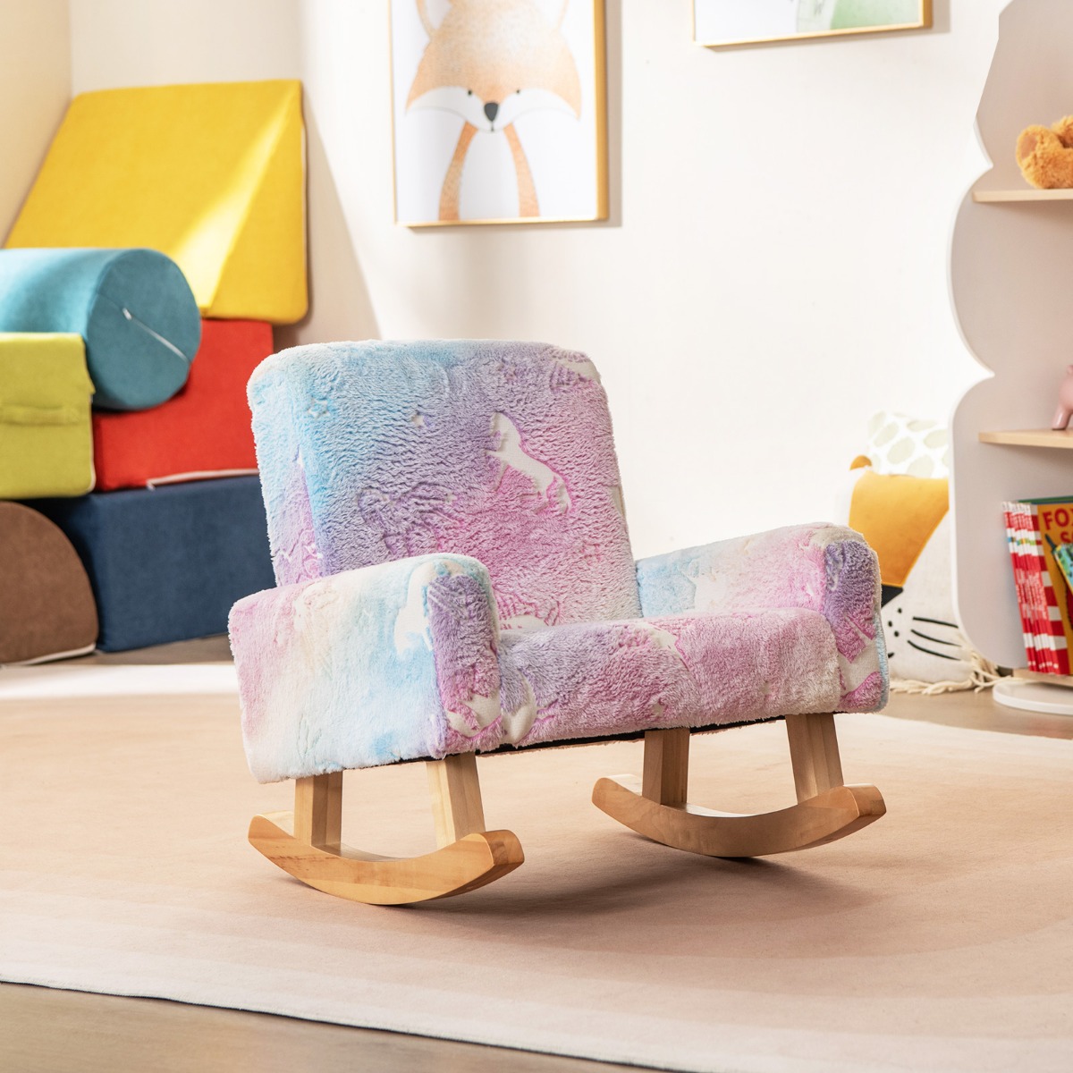 Schaukelstuhl Kinder Kindersofa im Dunkeln Leuchtend Kindersessel gepolstert aus Flanellstoff Bunt
