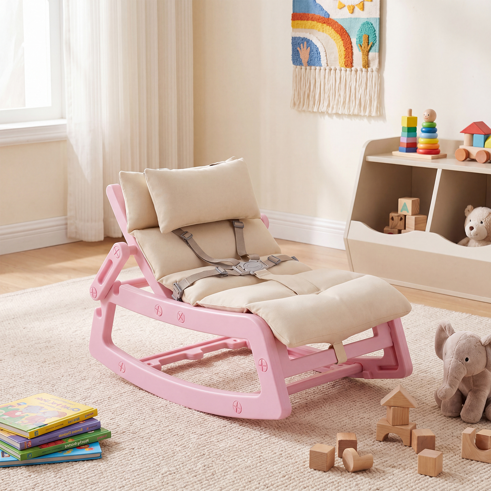Schaukelstuhl Kinder 2 in 1 Liegestuhl mit Verstellbarer Rückenlehne Baby Schaukelsessel Rosa