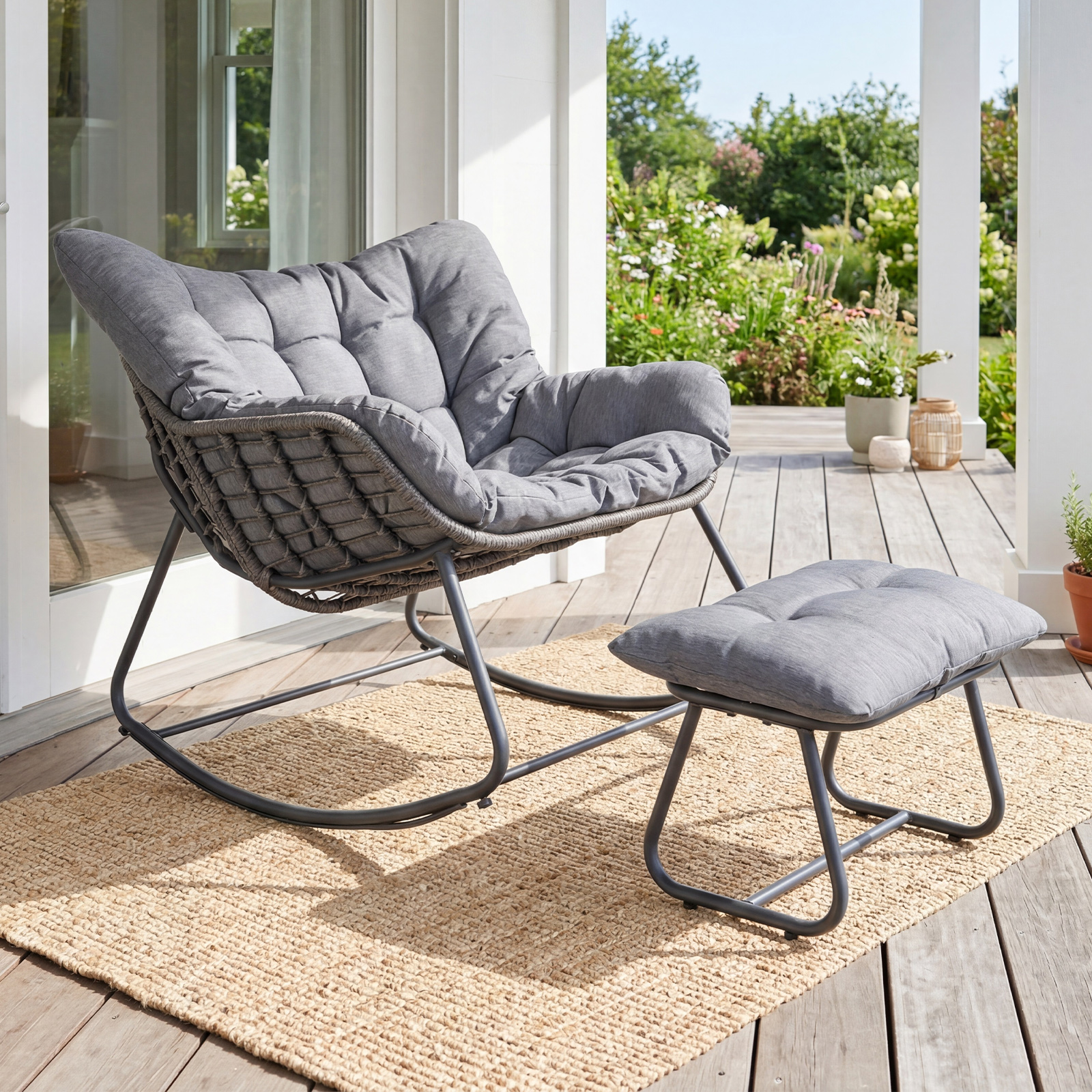 Schaukelstuhl mit Hocker Schaukelsessel mit PE-Rattan & Metallrahmen ergonomischer Relaxsessel Grau