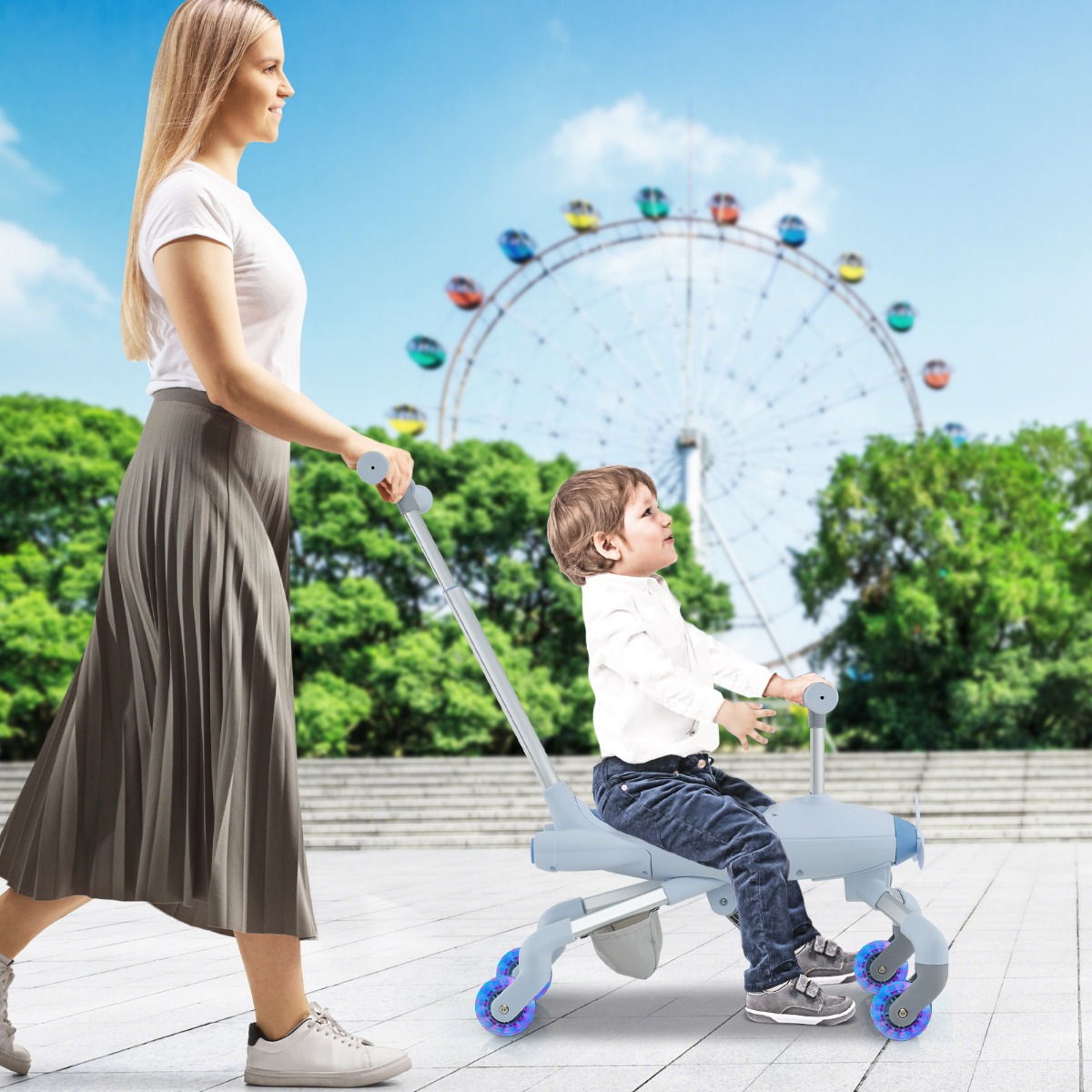 2-in-1-Rutschauto für Kinder Schiebewagen im Flugzeugmotiv mit LED-beleuchteten Rädern bis zu 50kg tragbar Blau