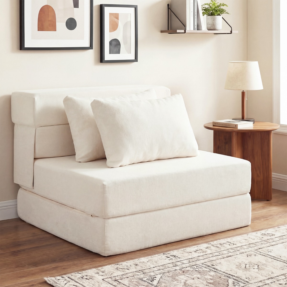 3 In 1 Klappbares Schlafsofa Chenille Mit 2 Kissen für Wohnzimmer Schlafzimmer Home Office Beige