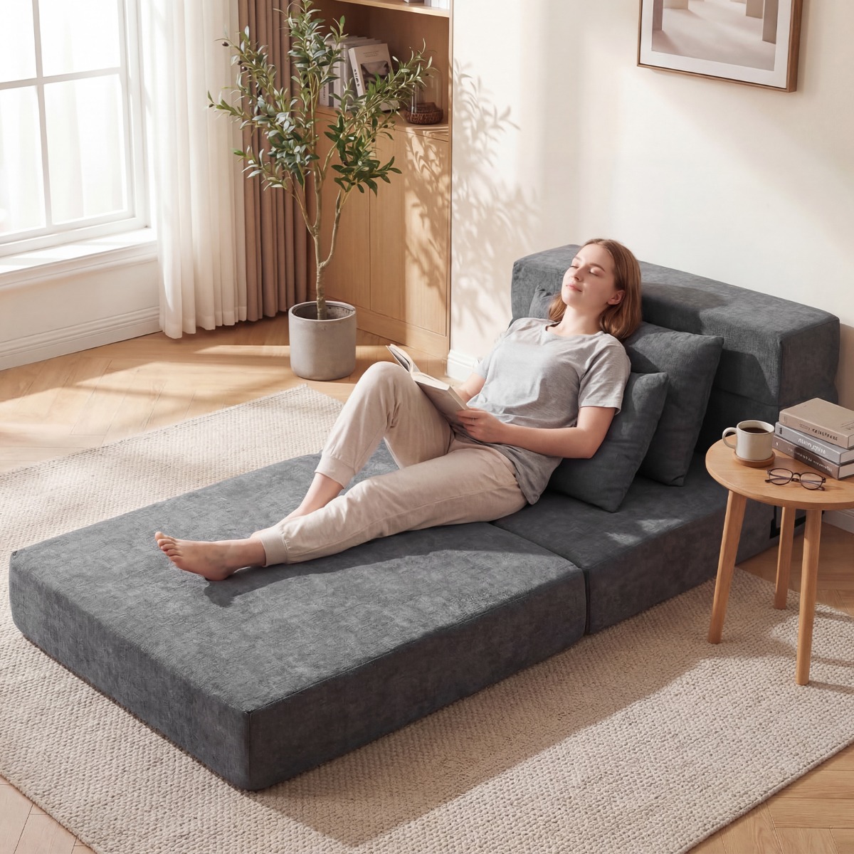 3 In 1 Klappbares Schlafsofa Chenille Mit 2 Kissen für Wohnzimmer Schlafzimmer Home Office Grau