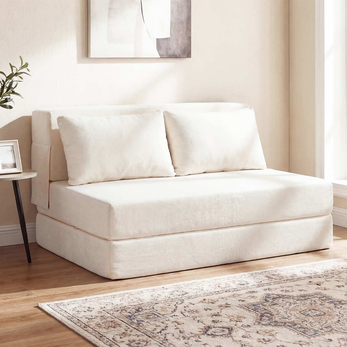 Klappbares Schlafsofa 3 In 1 Chenille 2 Kissen für Wohnzimmer Schlafzimmer Home Office Beige