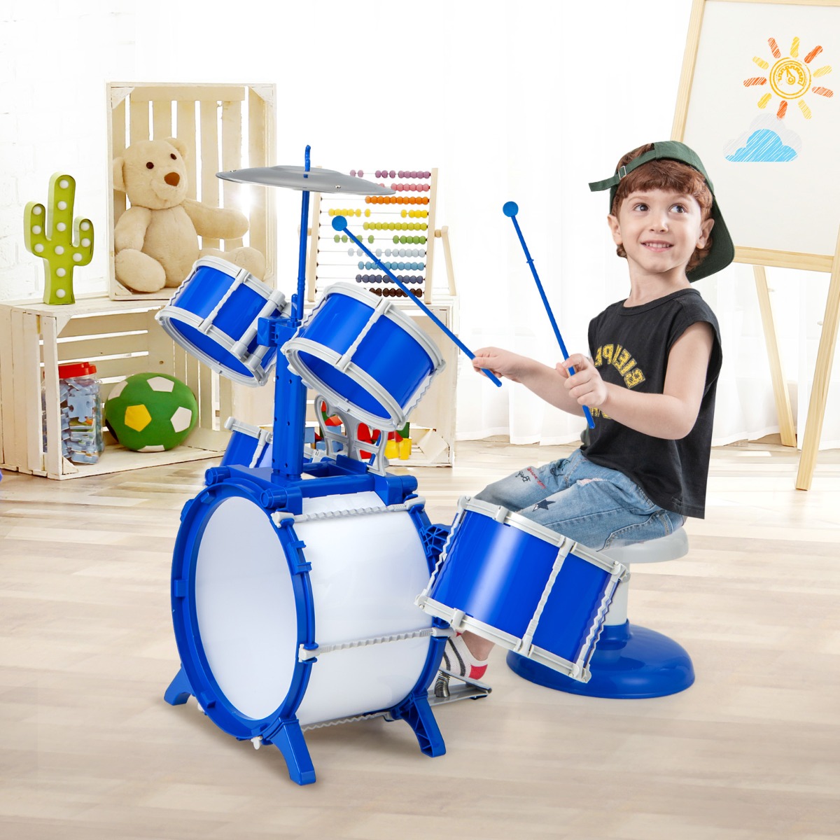 Kinder Schlagzeug Set mit Hocker & Notenständer & Fußpedal Trommel Set Schlaginstrument Blau