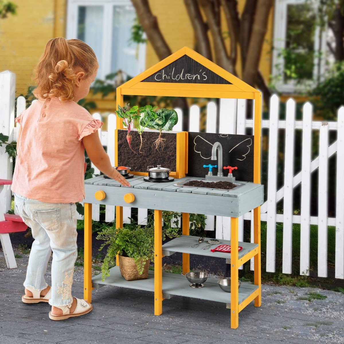 Matschküche Kinder Outdoor Kinderküche Tannenholz mit Pflanzbehälter & 2 Kreidetafeln & Wasserhahn Blau