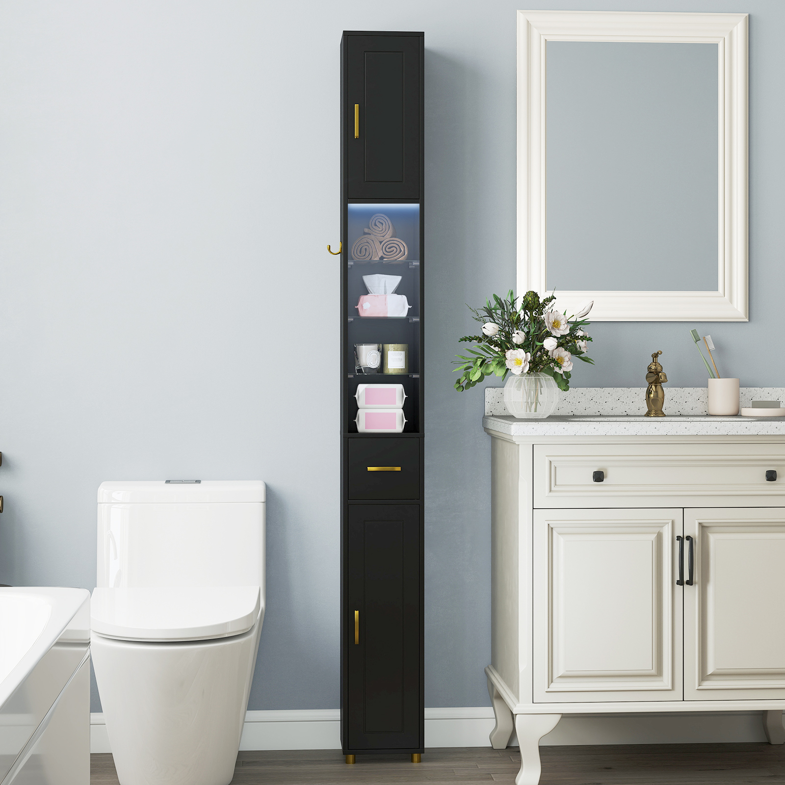 Schmaler Badezimmerschrank mit Beleuchtung & Schublade & 3 Glasablagen Badschrank Schwarz