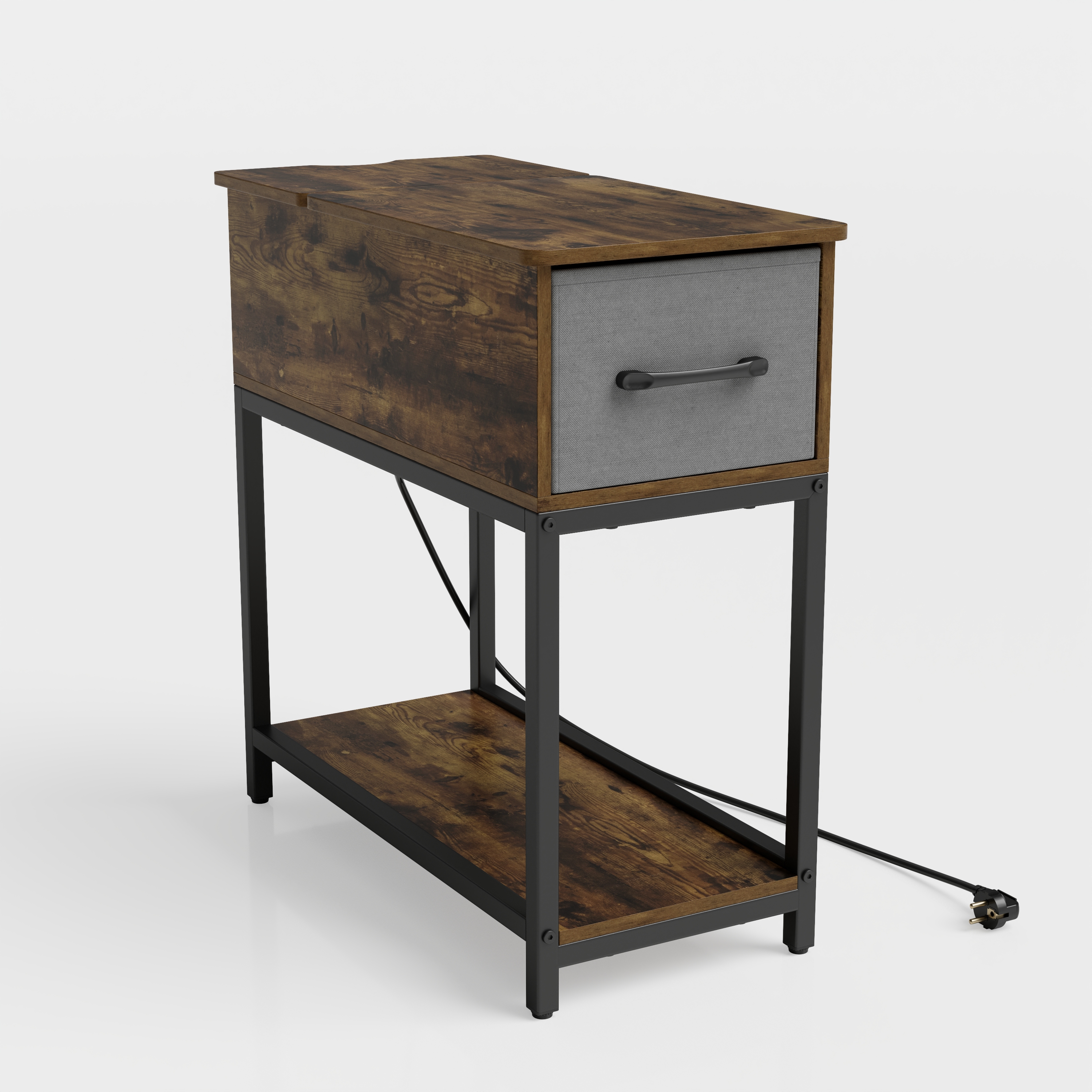 Schmaler Beistelltisch Naschttisch mit Ladestation & LED-Leuchten Industrieller Sofatisch Rustikal Braun