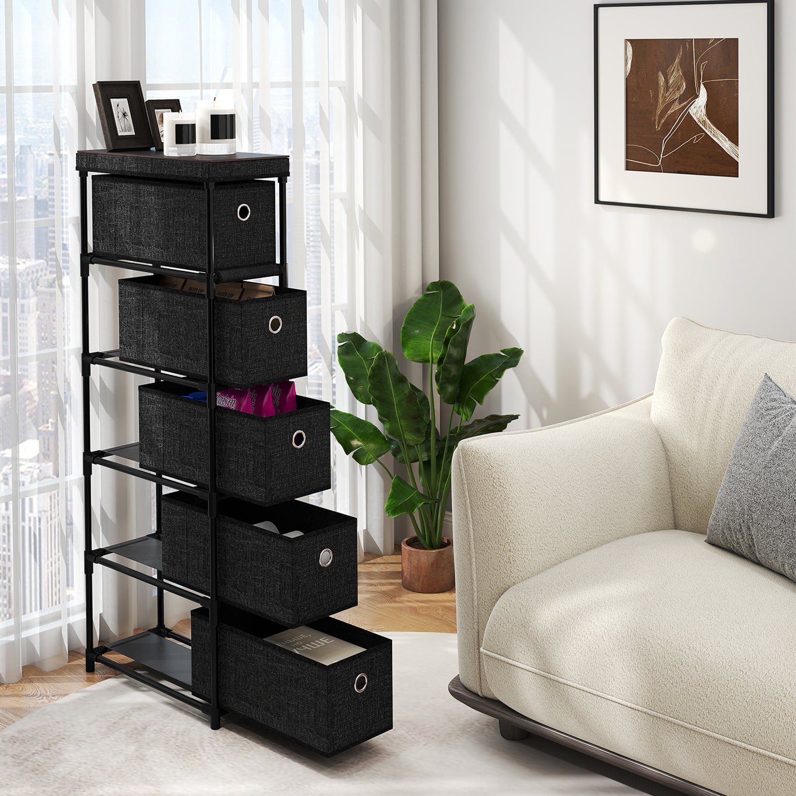 Schmaler Kommode mit 5 Schubladen Schlanker Aufbewahrungsturm mit Metallrahmen Schwarz