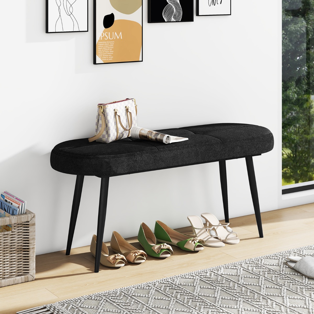 113 cm Sitzbank mit Kissen & Metallbeinen Polsterbank Ottomane bis 300 kg Belastbar Schwarz