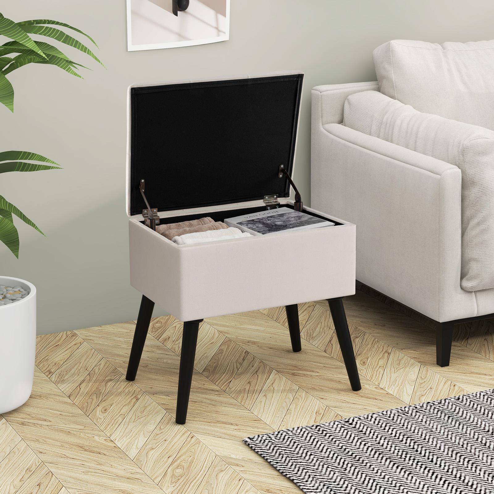 Schminkhocker mit Stauraum Polsterhocker mit Aufklappbarem Gepolstertem Sitz Beige