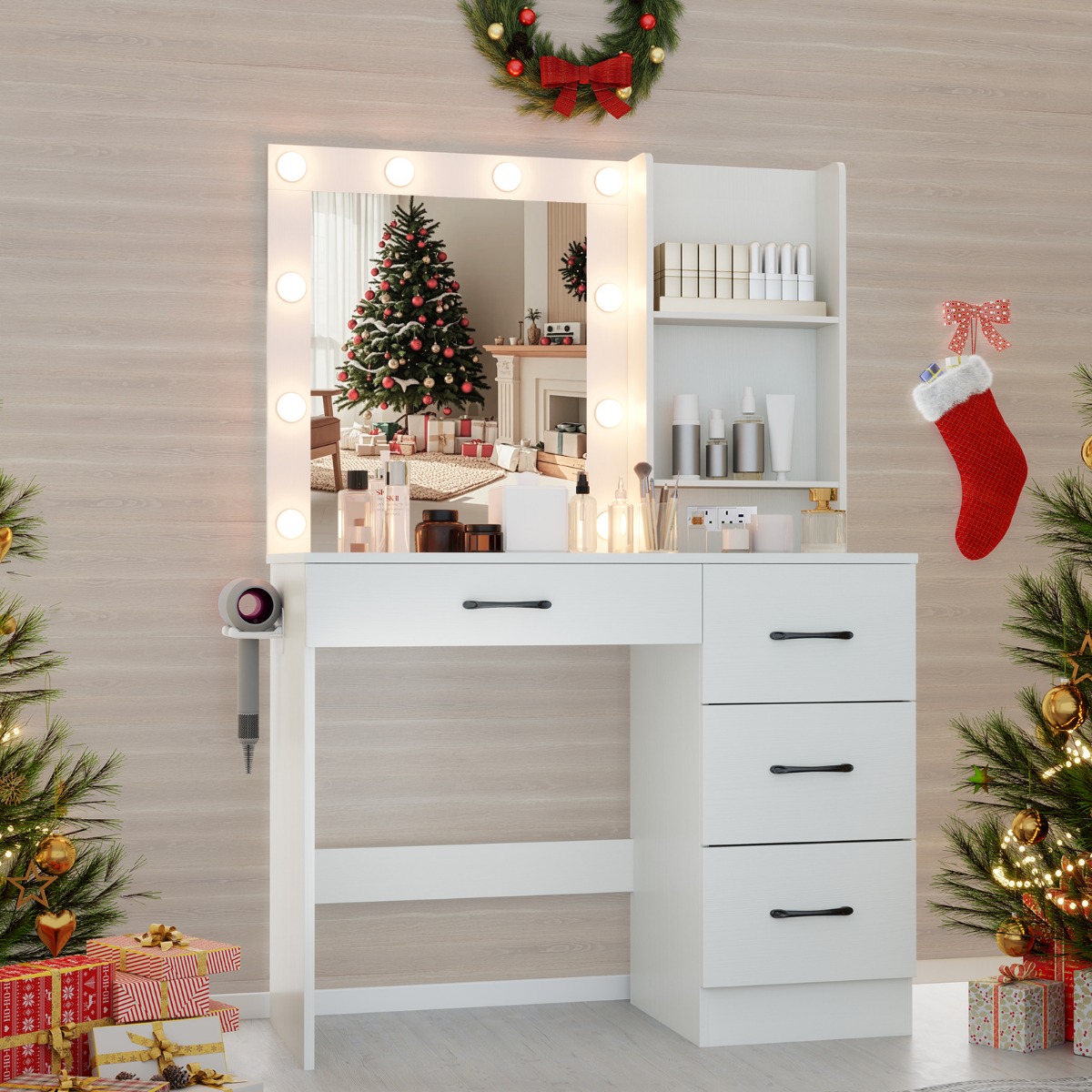 Schminktisch mit LED-Beleuchtung 3 Farben mit Einstellbarer Helligkeit Frisiertisch Weiß