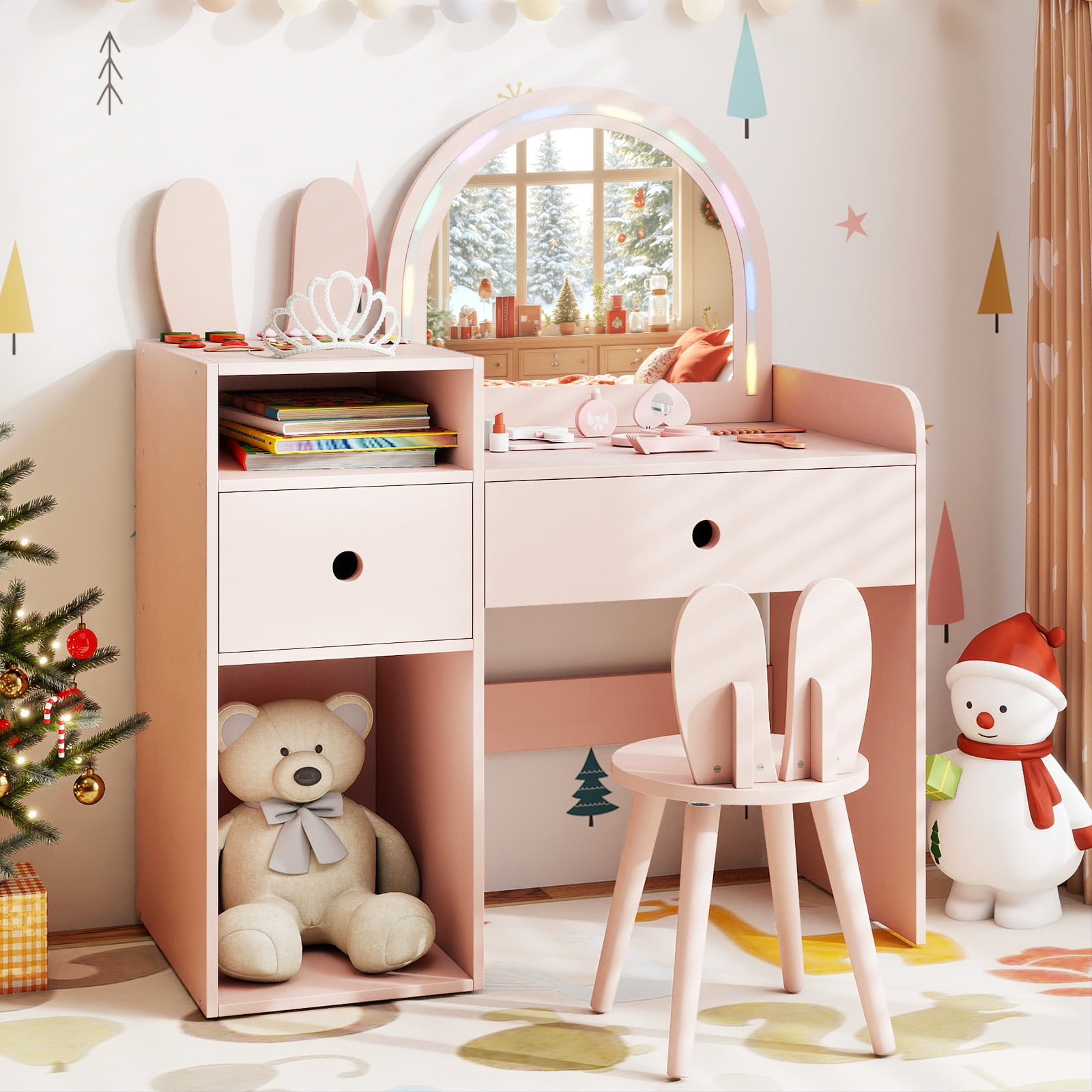 Schminktisch für Kinder mit Beleuchtung Kosmetiktisch mit beleuchtetem Spiegel Frisierkommode mit offenen Regalen Rosa