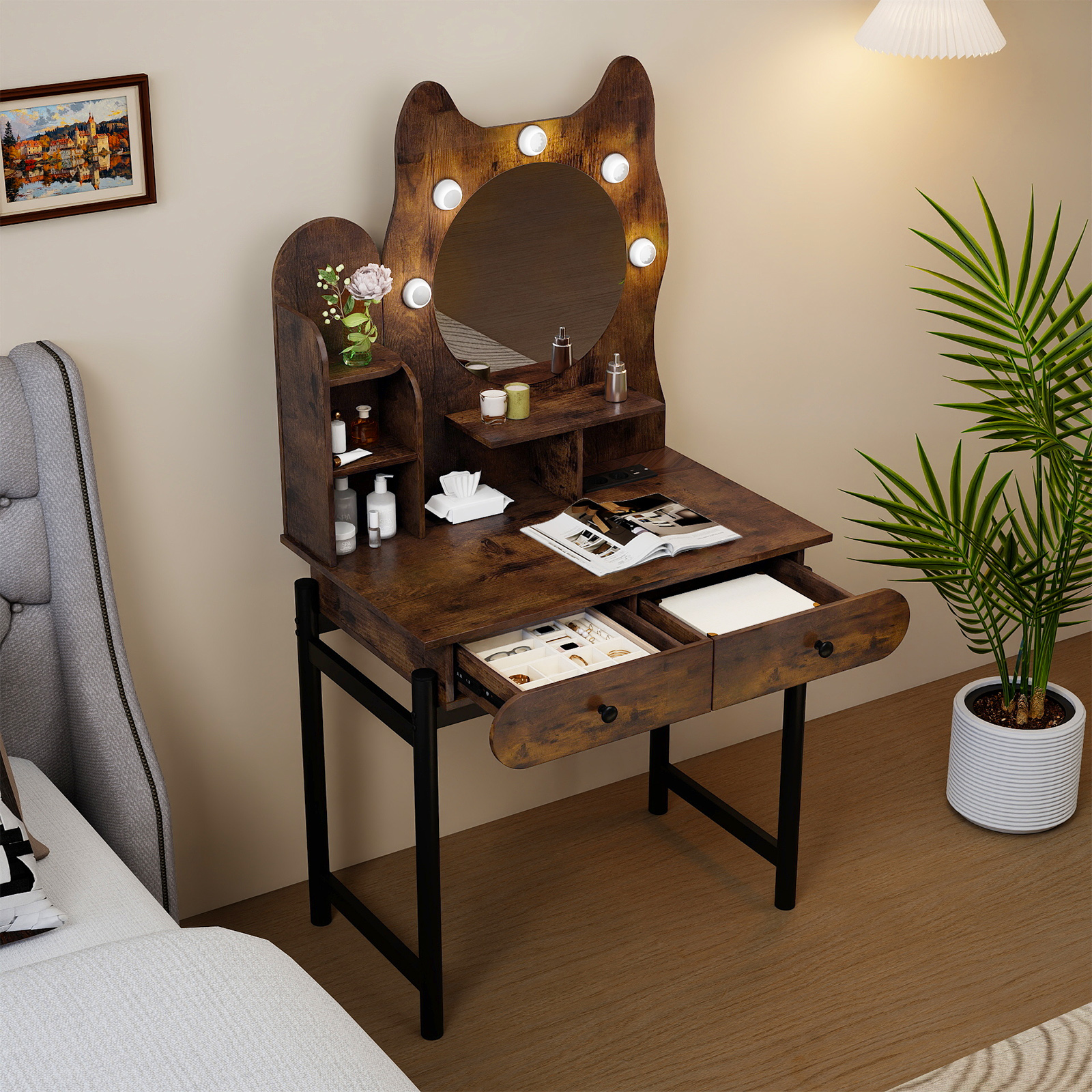 Schminktisch in Katzenform mit Spiegel & Beleuchtung & Schubladen Frisiertisch Braun