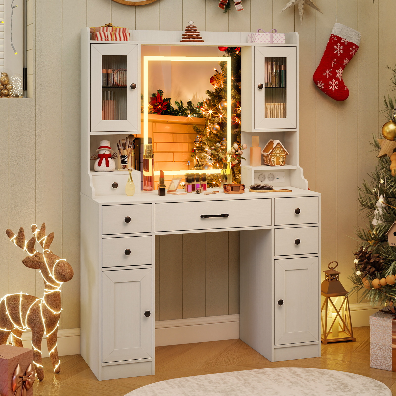 Schminktisch mit Beleuchtung & Spiegel & Steckdosen & Haartrocknerhalter Frisierisch