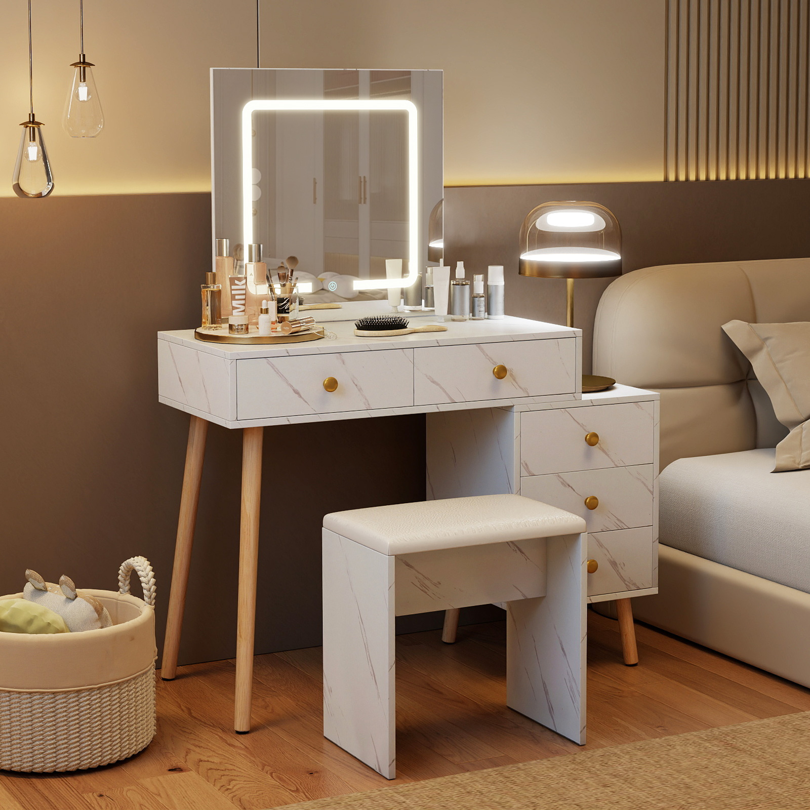 Schminktisch mit Spiegel & Beleuchtung Makeup-Schminkset mit 3 Lichtmodi verstellbarer Helligkeit Weiß