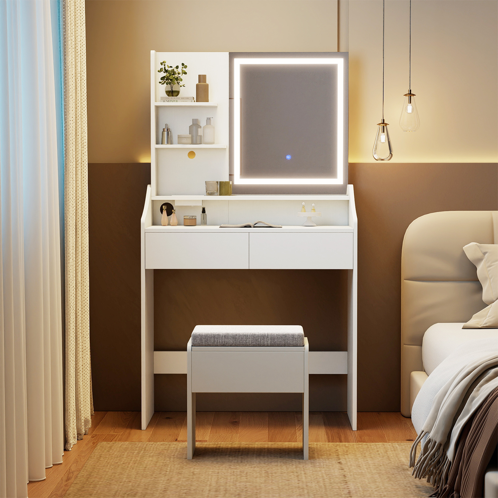 Schminktisch-Set mit Spiegel & LED-Beleuchtung & Aufbewahrungshocker Make-up-Tisch Weiß