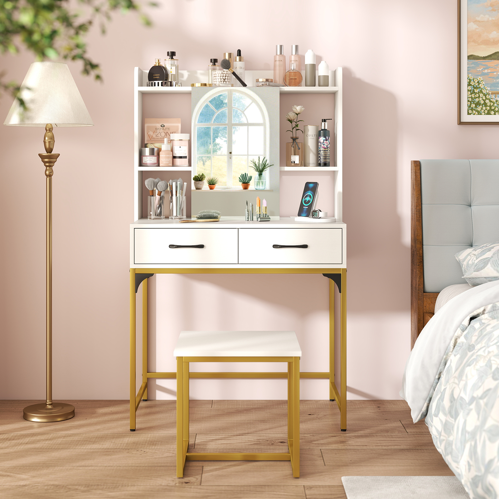 Schminktisch-Set mit Spiegel Schminktisch mit Ladestation Schubladen offenen Regalen und Spiegelschrank für Schlafzimmer Weiß