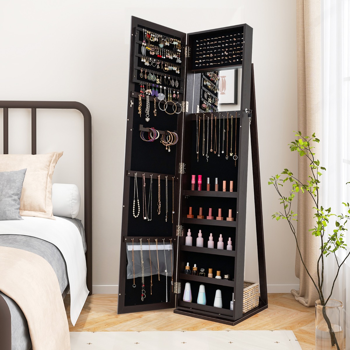 Schmuckschrank mit Ganzkörperspiegel & Integriertem Make-up Spiegel Spiegelschrank Dunkler Kaffee